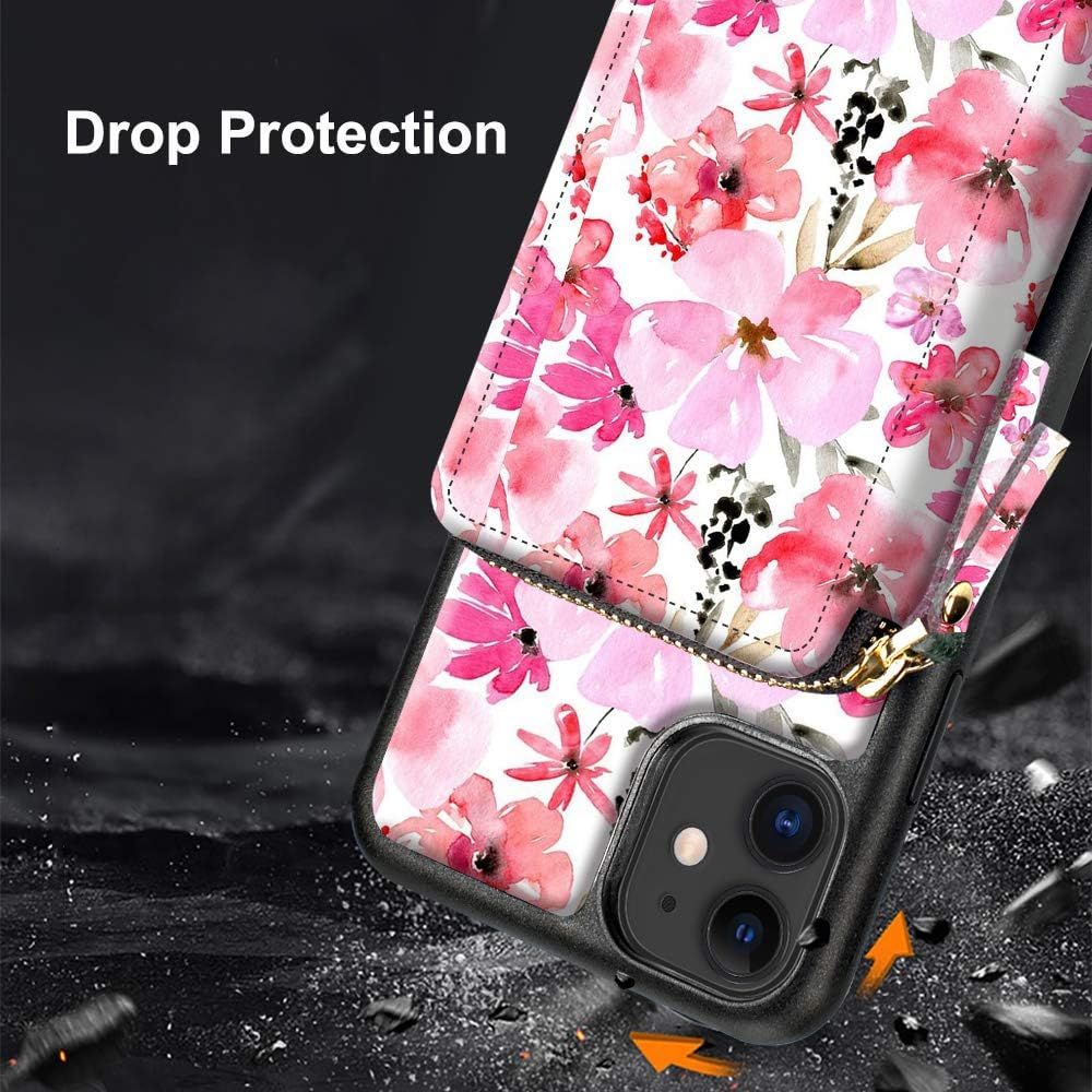 iPhone 11 Wallet Case, LAMEEKU iPhone 11 Card Holder Case, Floral Flower Pattern Zipper Leather Case with Credit Card Slot Crossbody Chain, Protective Phone Cover for iPhone 11 6.1'' - Cherry Blossoms