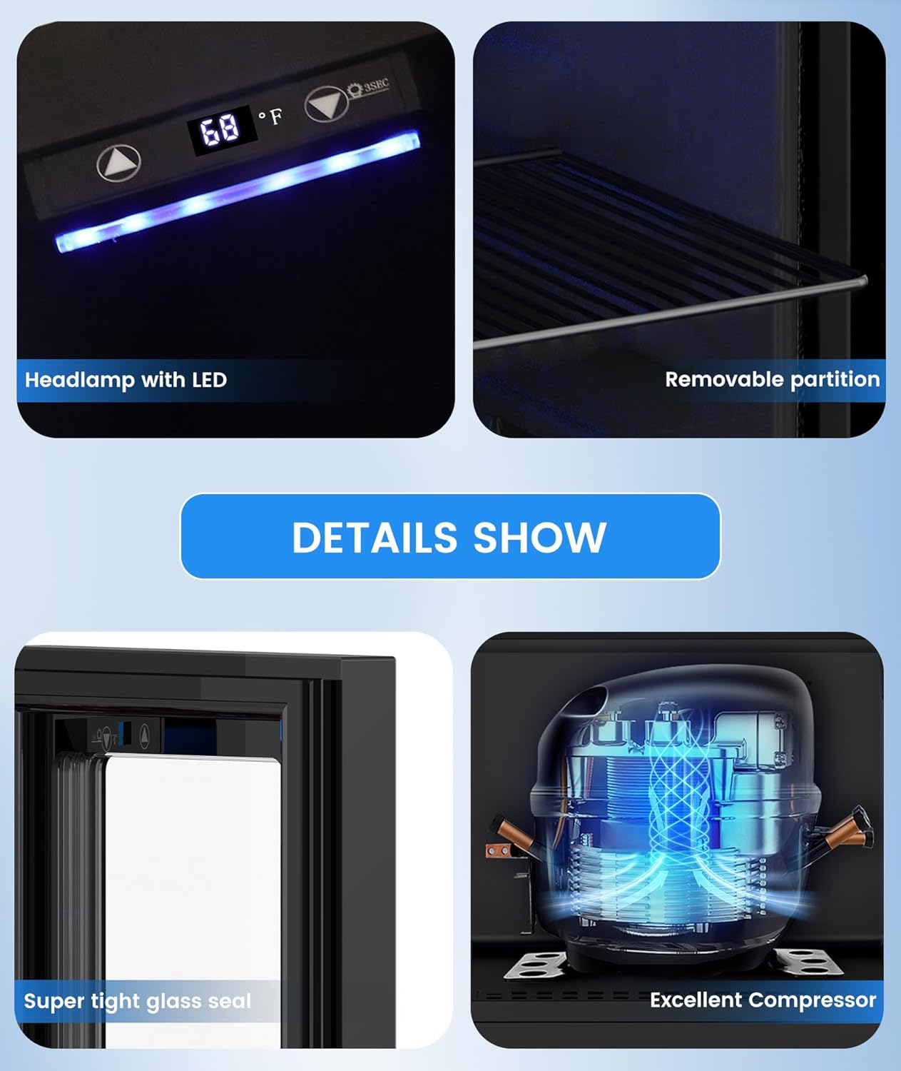 Detailní view of Kismile 18L Beverage Refrigerator Cooler features: LED headlamp, removable partition, super tight glass seal, and excellent compressor.