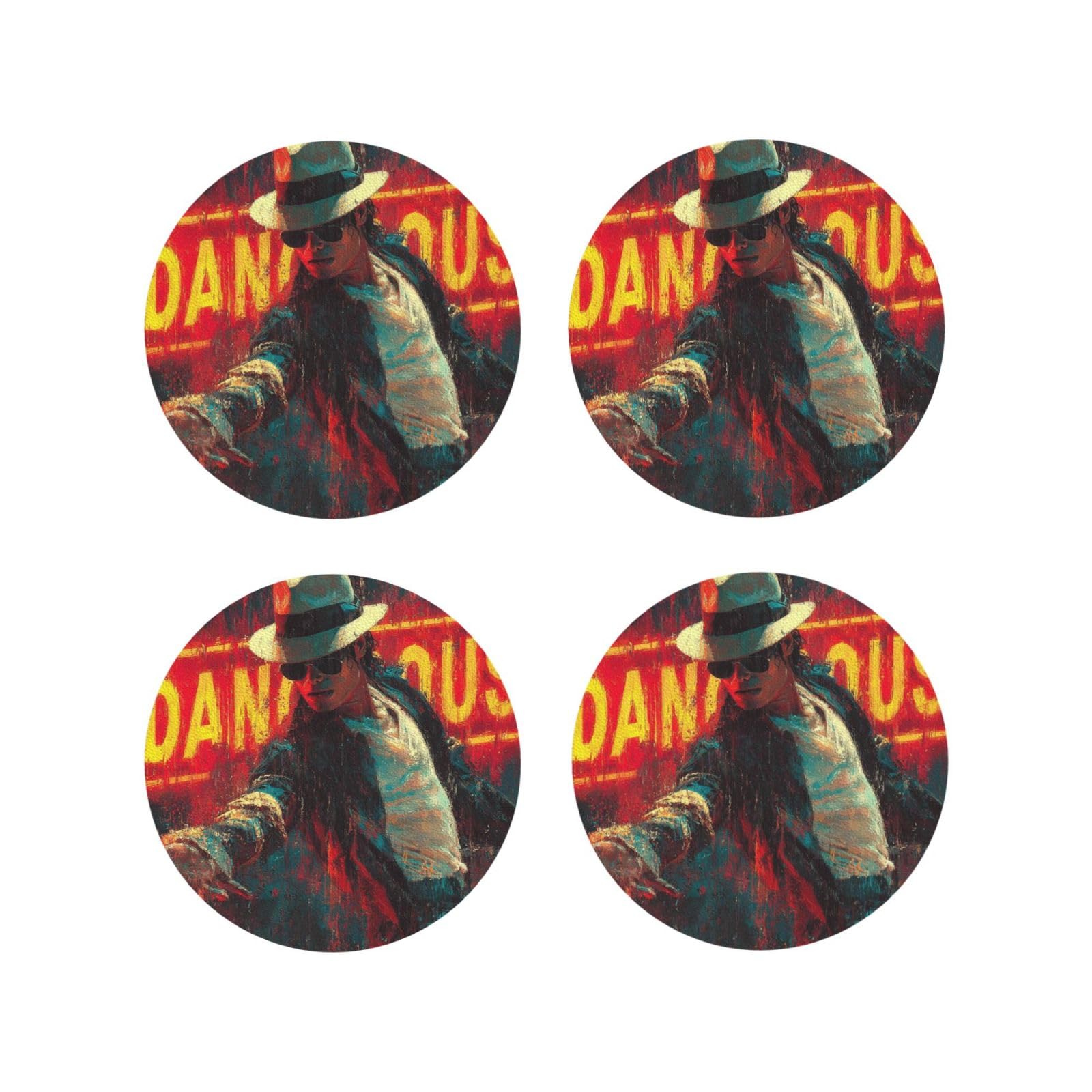Coasters Set of 4 Round Leather Coaster Quick-Dry Drink Michael Jackson Coasters for Desk Absorbent Mugs Pads Tabletop Protection Pad Heat Resistant Coffee Cup Mat for Kitchen Bar