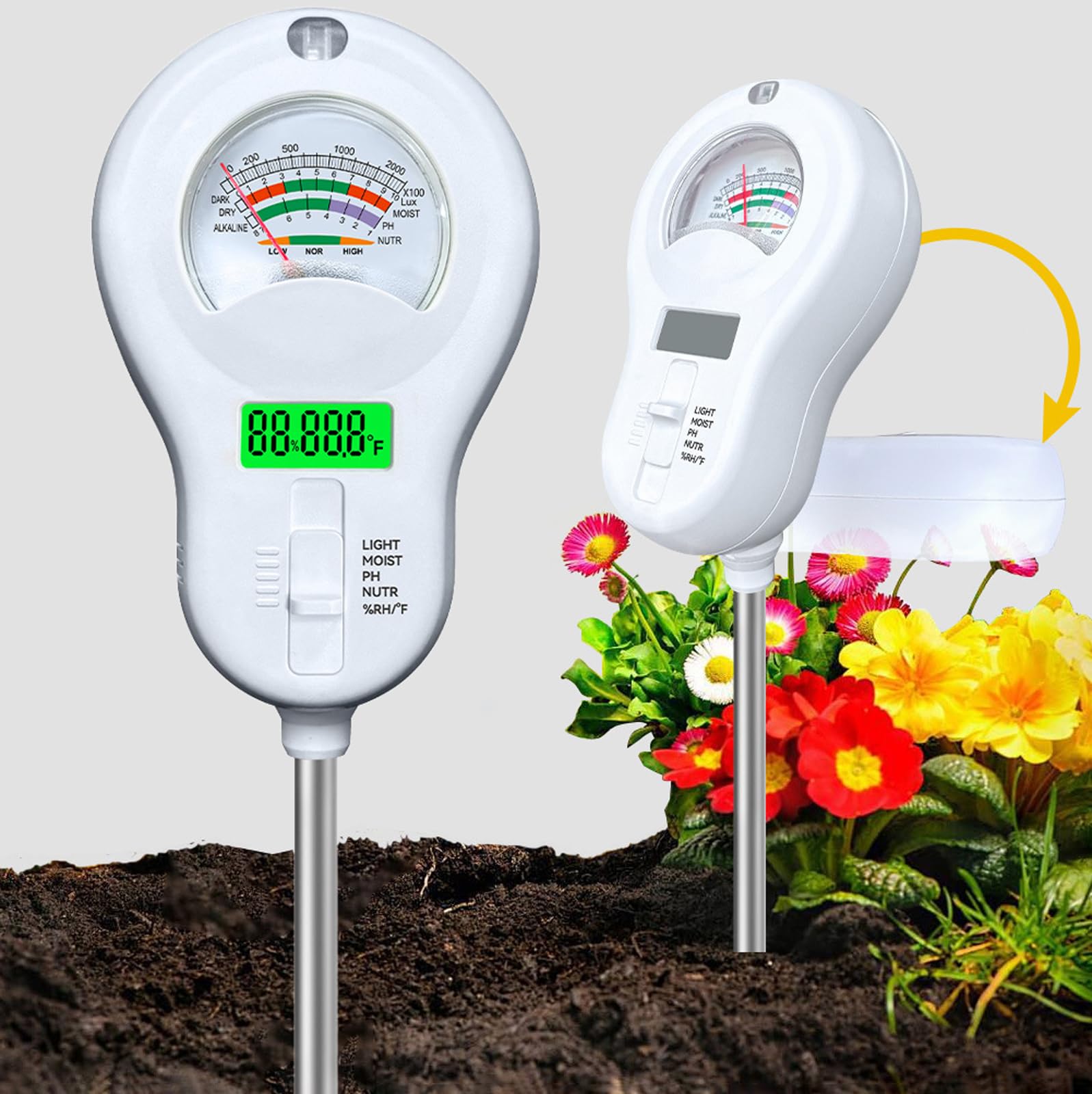 Generico 6-in-1 Analizzatore del Terreno, Misuratore di umidità/Misuratore di PH/Fertilità/Intensità della Luce Solare + Display LCD Ruotabile A 90° Igrometro/Termometro per Piante, Giardini