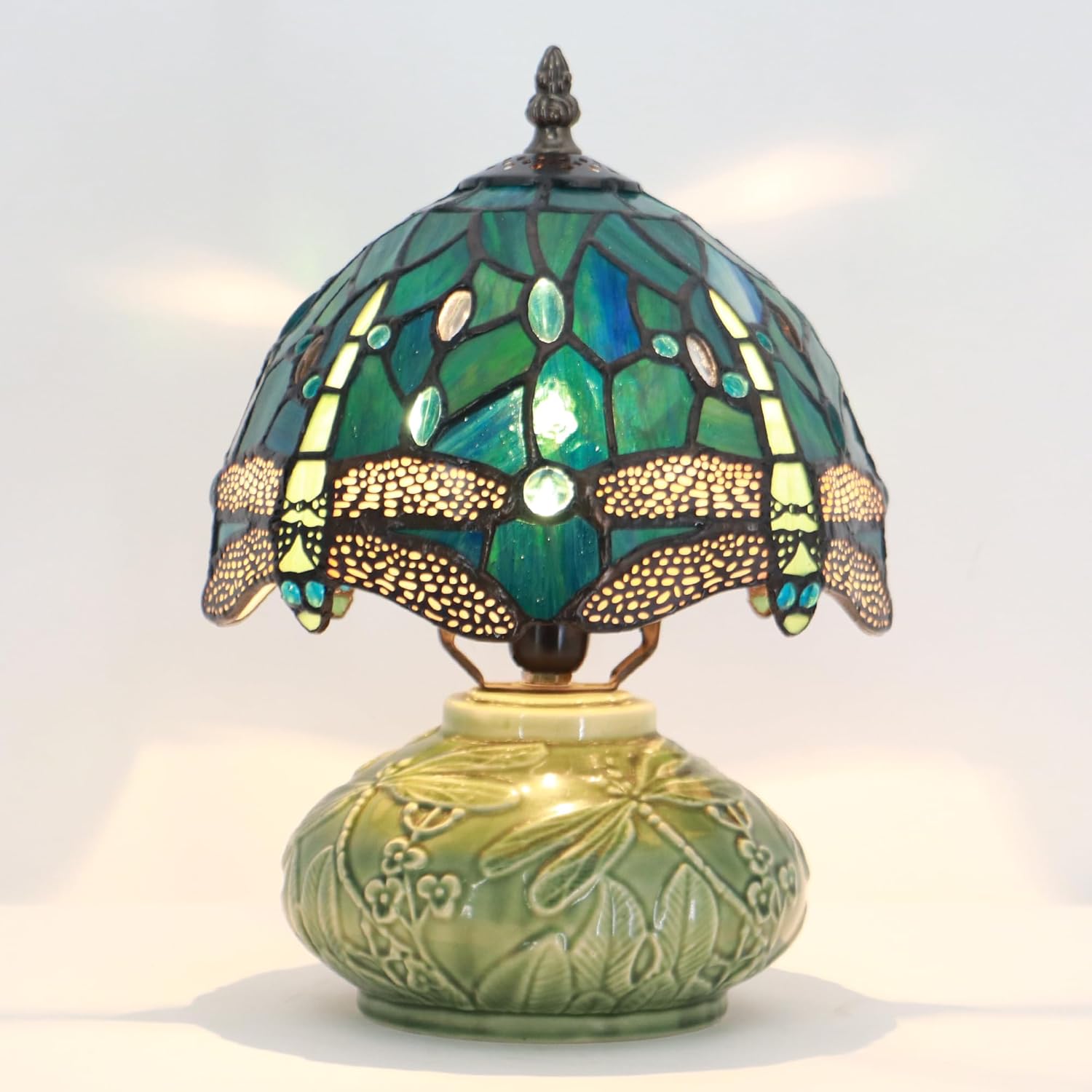 Small Stained Glas Lamp Mushroom Table Lamp, Mini Stained Glass Desk Light Memory Sympathy Ceramic lamp 8X11 Inch (Sea Blue Dragonfly Style)