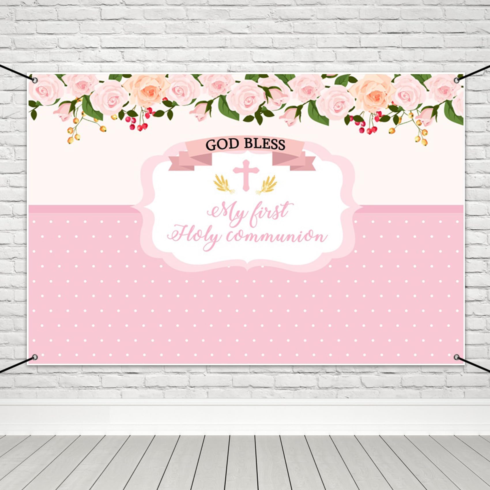 MIRRORANG Polyester 6x3.6ft First Communion Party Decor Banner Pink Baptism Banner Floral God Bless Baby Shower Backdrop Newborn Infant Photo Background - Image 2