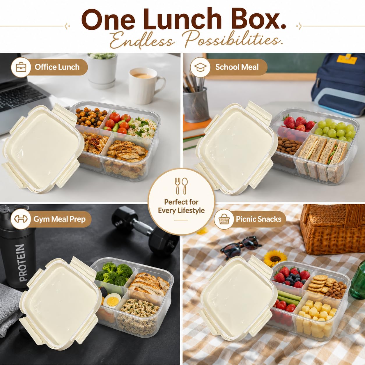 Vasukie 4-Compartment Meal Prep Container with Airtight Locking Lid – with Removable Cups for Meal Prep, Fruits, Nuts & Side Dishes, BPA-Free Clear Plastic (1500ML) — Amazon image 4