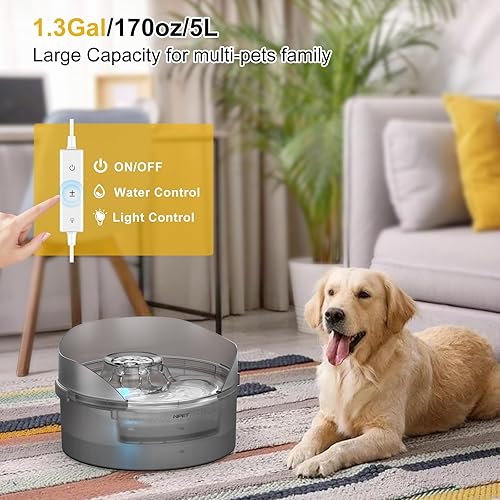 Miniatura 8 de NPET Fuente de agua para perros de 1.3 galones170oz5L, dispensador automático de agua para perros con flujo de agua ajustable y fuente de agua LED
