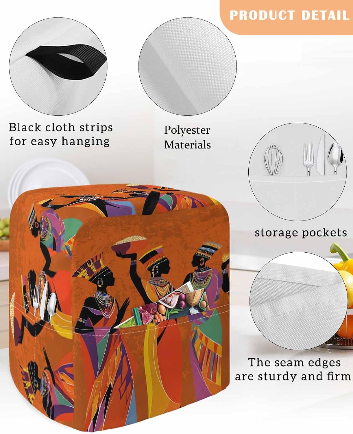 Black Orange Girls Boho Stand Mixer Cover with Storage Pocket, Waterproof Kitchen Mixer Covers, Retro Ethnic Abstract Art Kitchen Appliance Dust Cover Compatible with 5-8 Quart Mixers