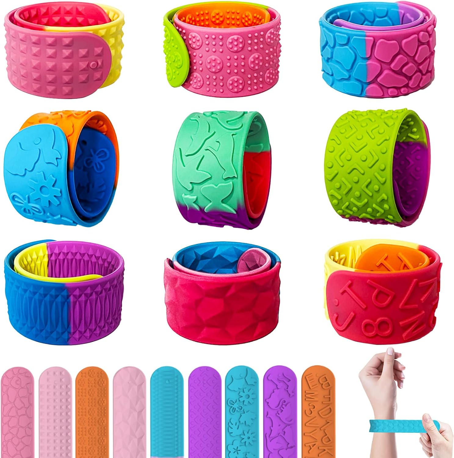 Easter basket stuffers 9 Packs Fidget Toys Slap Bracelets for Kids Sensory Toys for Kid s with Autism Sensory Products，Autism Classroom Must Haves Calming Sensor y Toy for Special Needs, Valentine Classroom Gifts for Kids