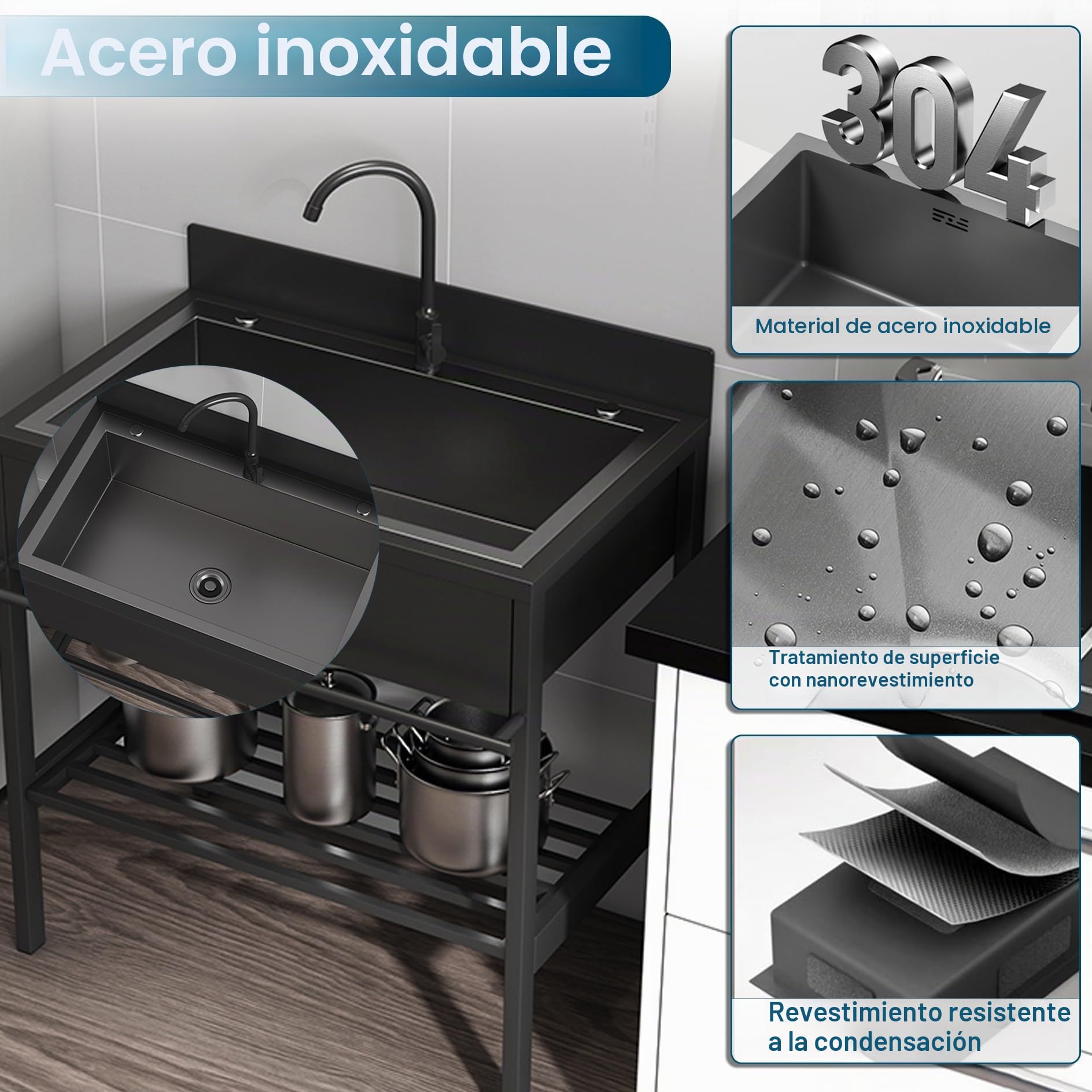 Mueble Fregadero Exterior Jardin,Fregadero de Cocina de Acero Inoxidable,Fregaderos Camping Portátil 1 Seno con Filtro de Drenaje,Lavadero pila Exterior,para Restaurante Comercial Bar Garaje(66x51x94c