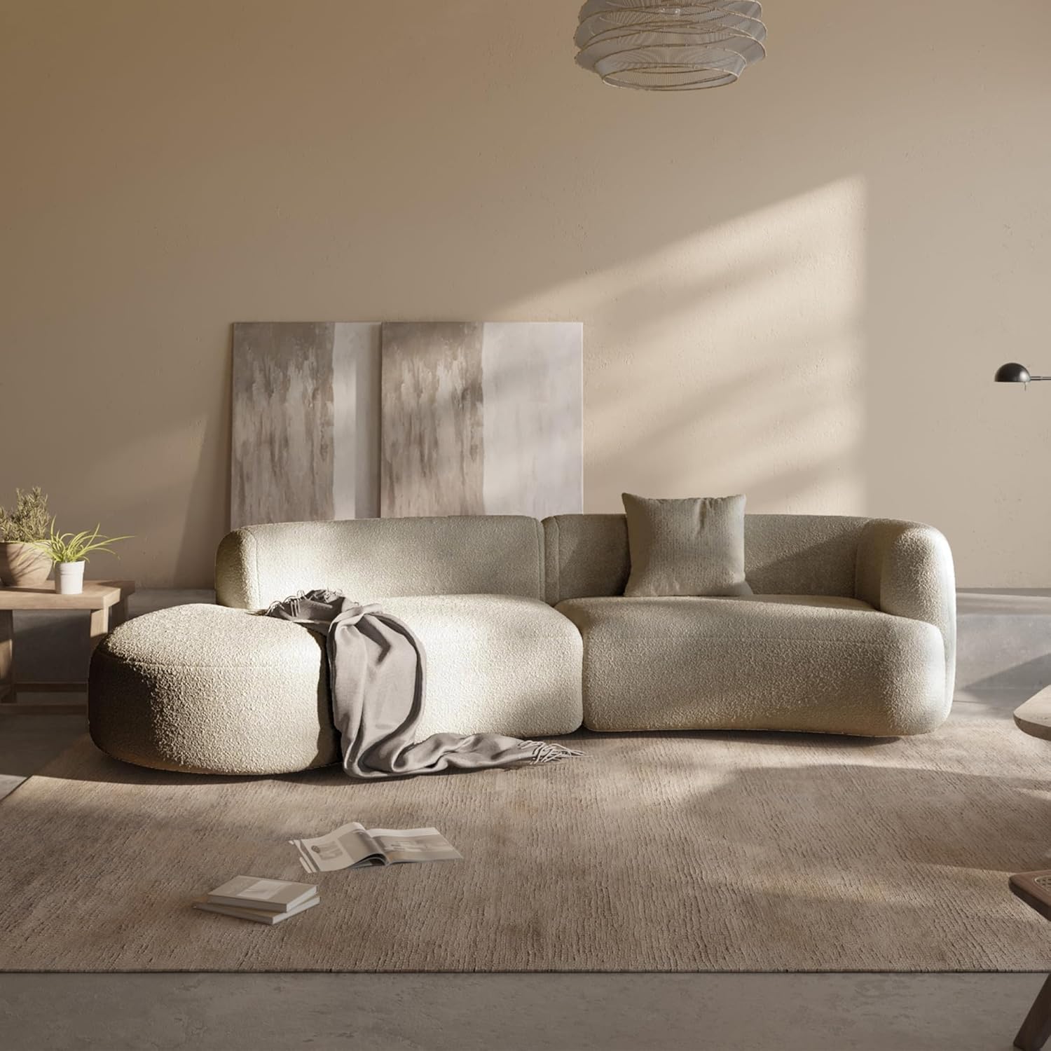 Modern Style Curved Sectional Living Room Couch, Minimalist Comfy Boucle Fabric Modular Sofa for Apartment, Home Office, Left Hand Facing, Light Coffee