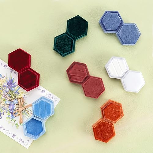 Miniatura 3 de Smileshe Caja para anillos, cajas de joyería de terciopelo para propuesta, compromiso, ceremonia de boda, caja hexagonal con ranura de doble anillo