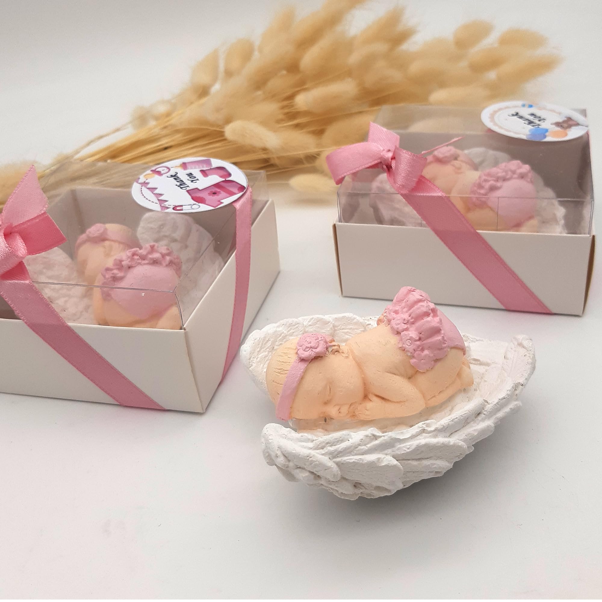 detalles bautizo para invitados, recuerdos bautizo 40 piezas niña niño bebe de piedra imanes detalles comunion para invitados, regalos originales bautizos para recien nacido (Bebé rosa ala blanca)