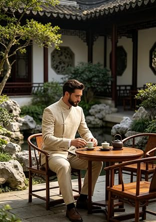 Linen Suit for Men 2 Piece Regular Fit Mens Linen Suits for Beach Wedding Tang Suit Men Mandarin Collar Suits