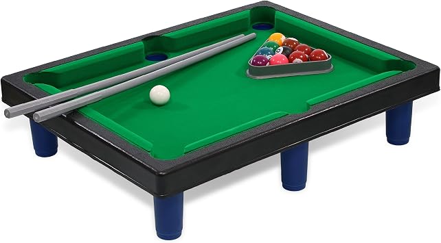 Mozlly Miniature Pool Table Set - Adult and Kids Billiard Set, Mini Pool Table Classic Playtime Set, Includes Portable Small Table, Balls, Cues, and Triangle - 8.1x4.5 Inches