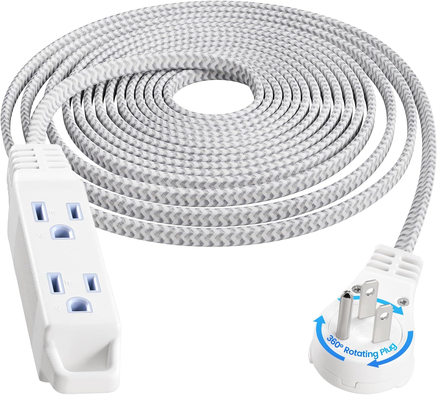 SURAIELEC 20FT 360° Rotating Flat Plug Extension Cord Flat Wall Plug with 3 Outlets, Braided Flat White Extension Cord for Indoor Use, Small Space, 16/3C SPT, ETL Listed