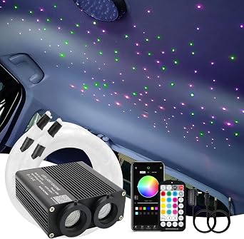 AMKI Dual Color Dual Ports Fiber Optic Light,Starlight Kit for Car Roof & Home Ceiling,RGBW LED Engine with APP + RF Remote Control + Optical Fiber Cables 670pcs of 0.03in+0.04in+0.06in Mixed in 9.8ft