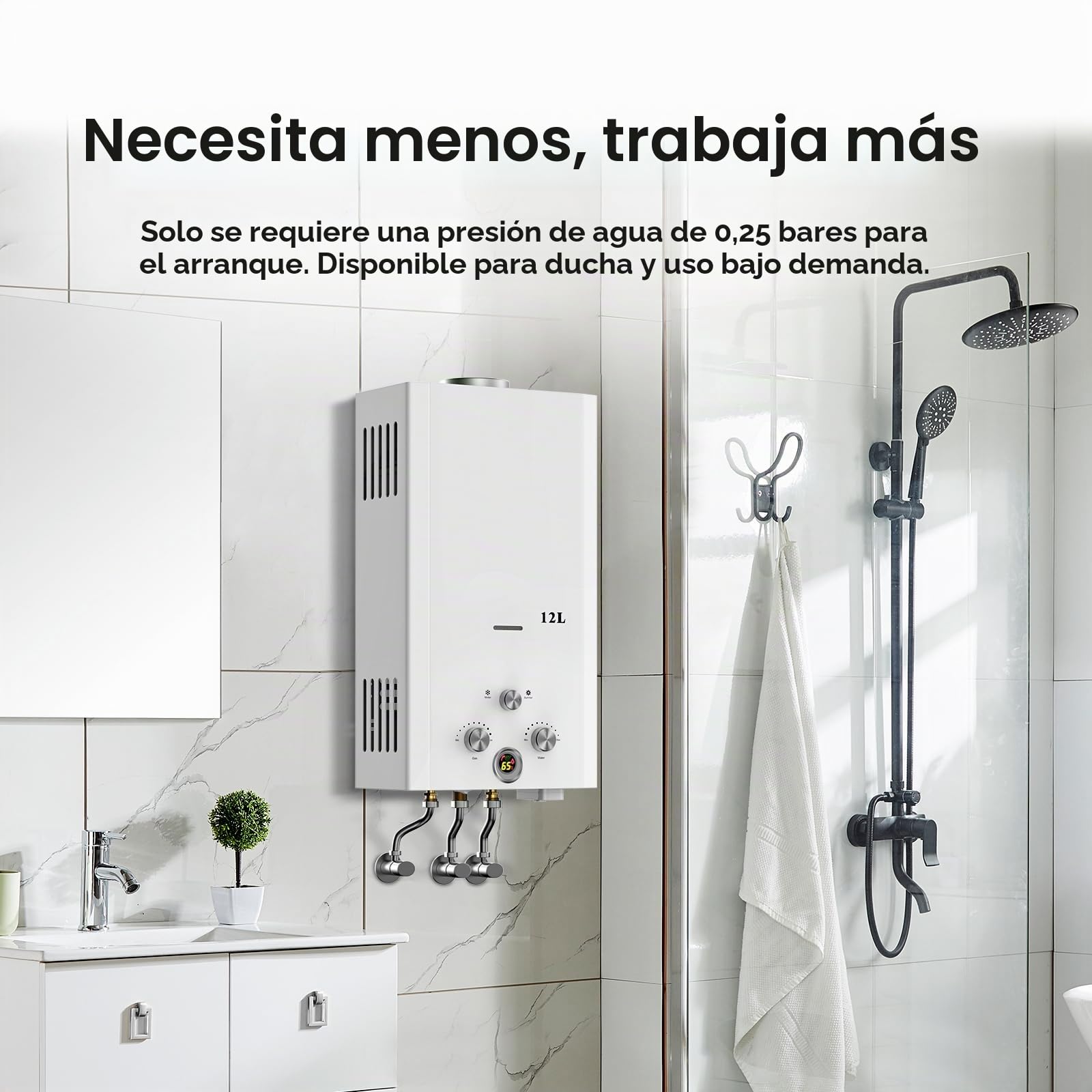 Xverycan Calentador de Agua Butano 12 LPM, 24 KW Termo de Gas GLP, Arranca con Solo 0,25 Bar de Baja Presión, Doble Encendido, Modo Estacional para Ahorrar Gas, para Hogar y Exterior