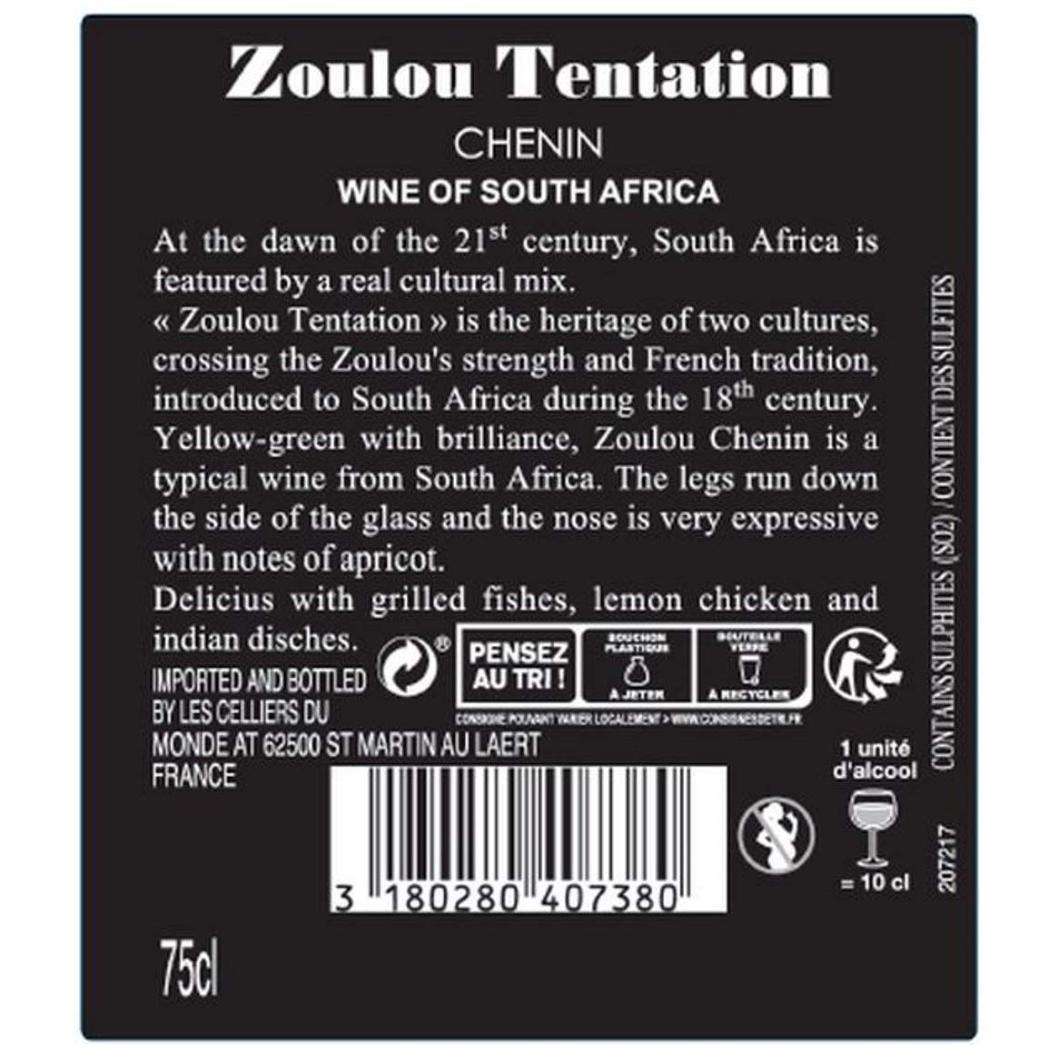 Zoulou Tentation - Chenin - Vin d'Afrique du Sud - Vin Blanc - lot de 6 bouteilles x 75 cl