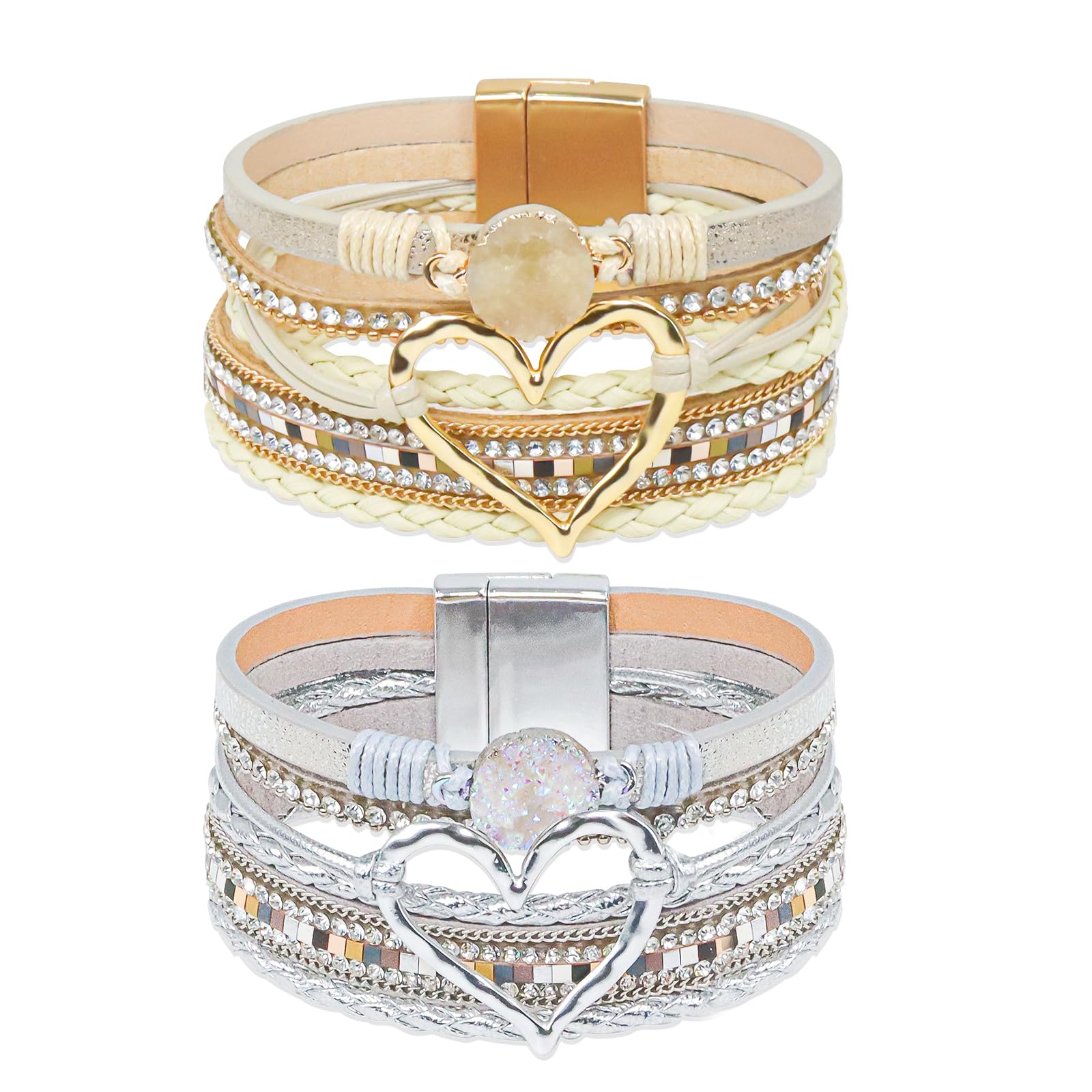 GZJINYUAN 2Pcs Leather Wrap Bracelets for Women, Multi-Layer Leather Bracelets with Strong Clasp, Stack Boho Leather Bracelets for Women Valentine's