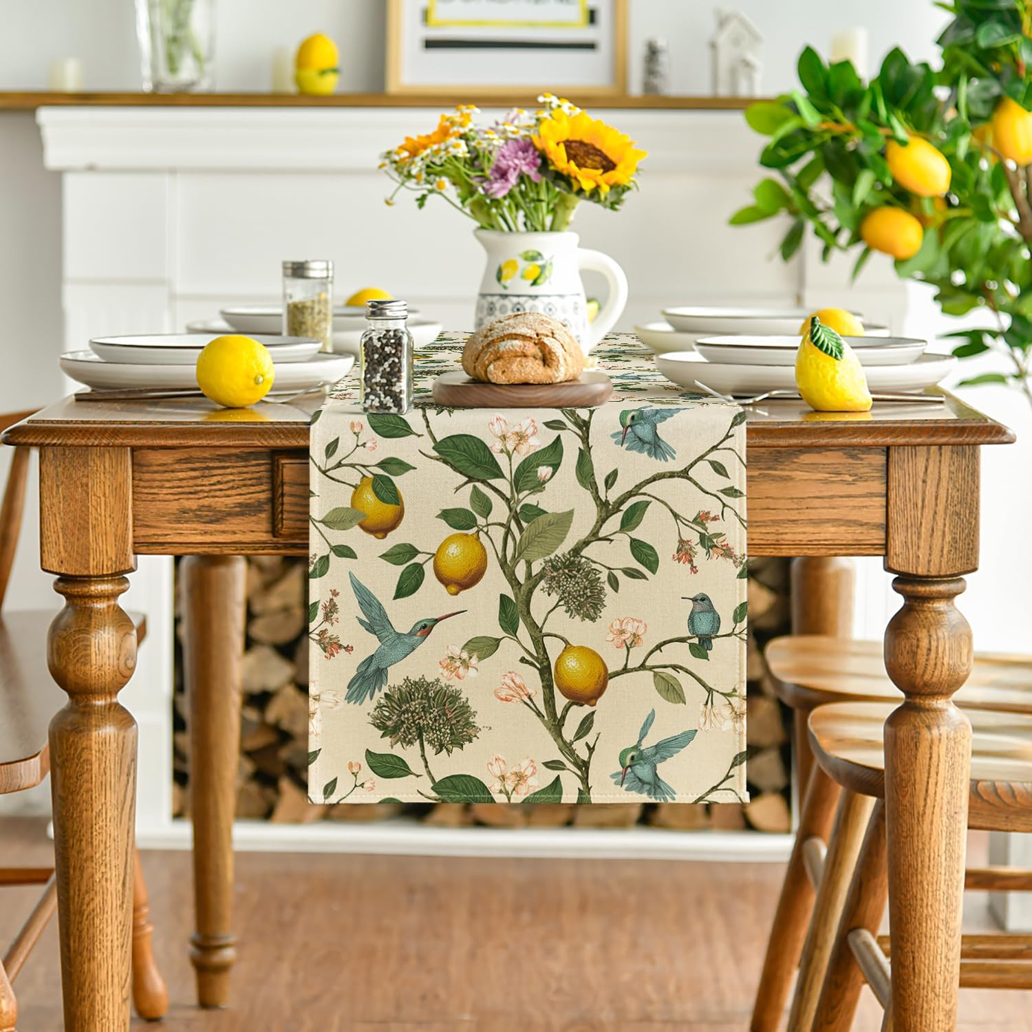 Artoid Mode Brown Lemon Tree Bird Flower Summer Place Mats 12x18 Inch Set of 4 and Table Runner 13x72 Inch