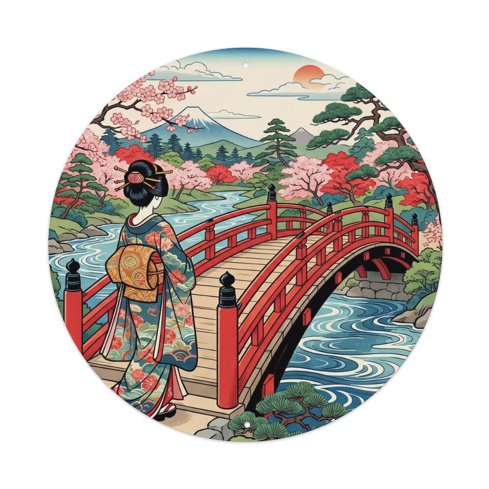 Galvaxio Style Japanese Kimono Woman Viewing Red Arched Bridge Spanning Metal Tin Sign