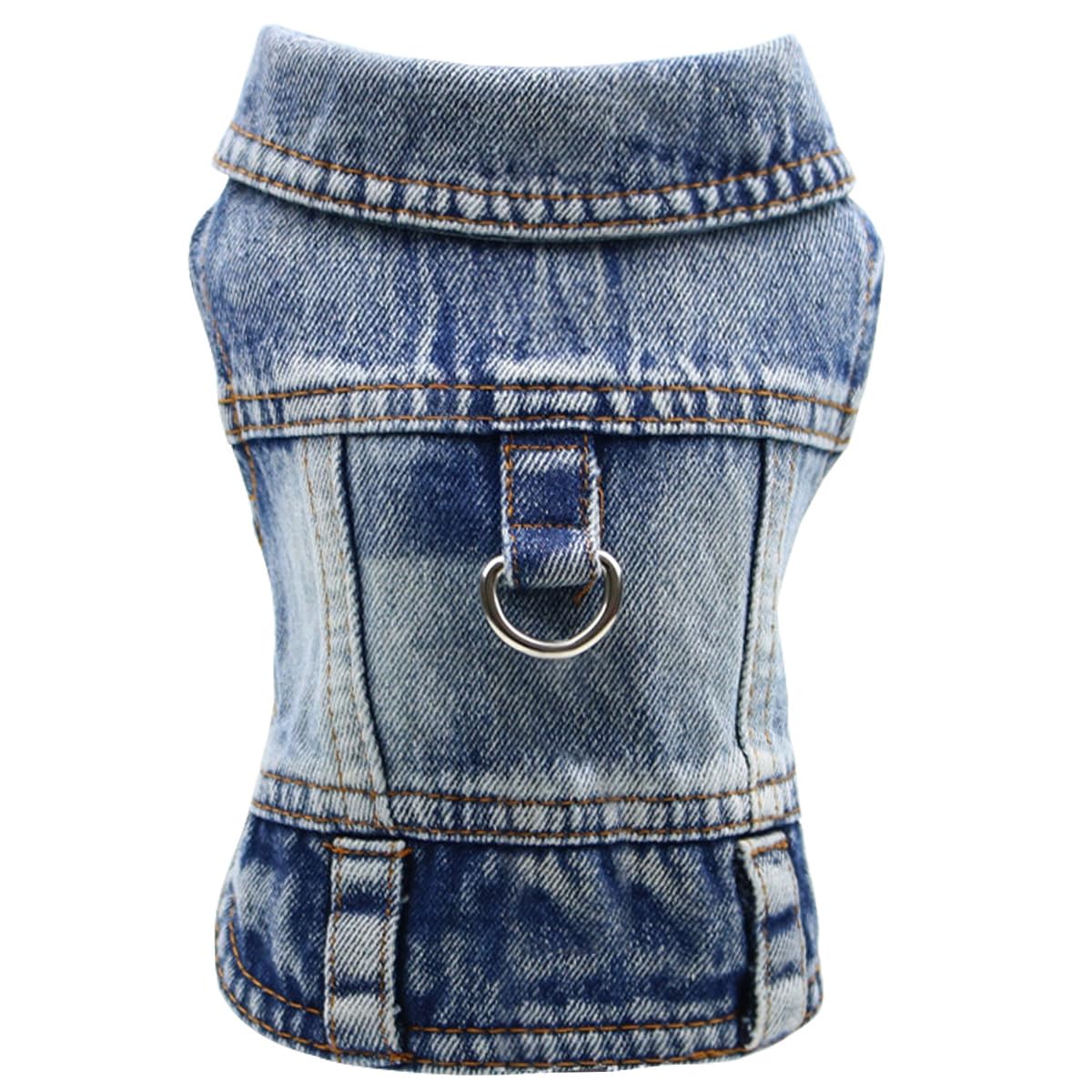 LKEX Dog Jean Jacket, Blue Denim Shirt Classic Lapel Vest Coat Costume Puppy T-Shirt, Comfort Tank Top Cool Apparel, Washed Pet Clothes for Dogs Boy Girl (with D-Ring, Small)