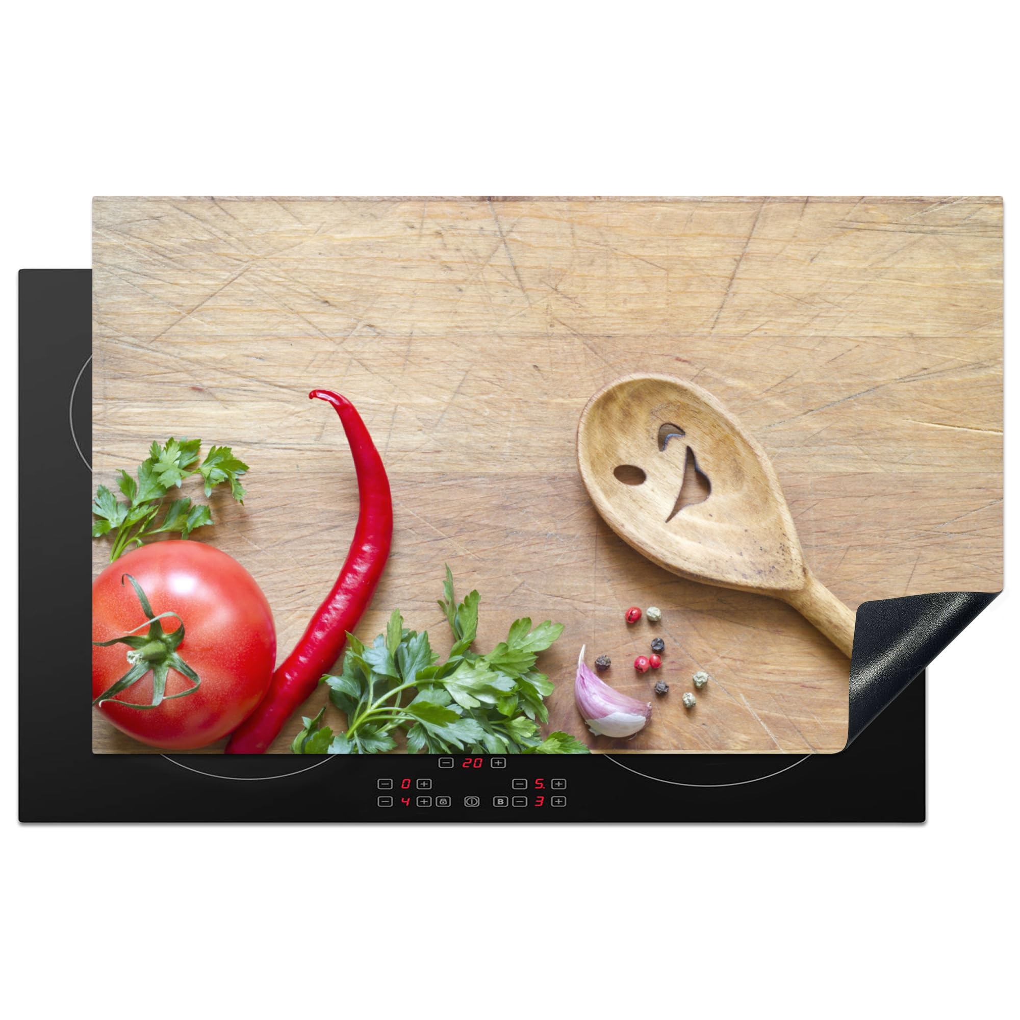 KitchenYeah© Induction Hob Cover Protector Mat 20.3"x32.7" / 83x51.5 cm Kitchen Universal Ceramic Covers for Electric Cookers Vinyl Vegetable - Wood Texture - Ladle - Smiley - Tomato