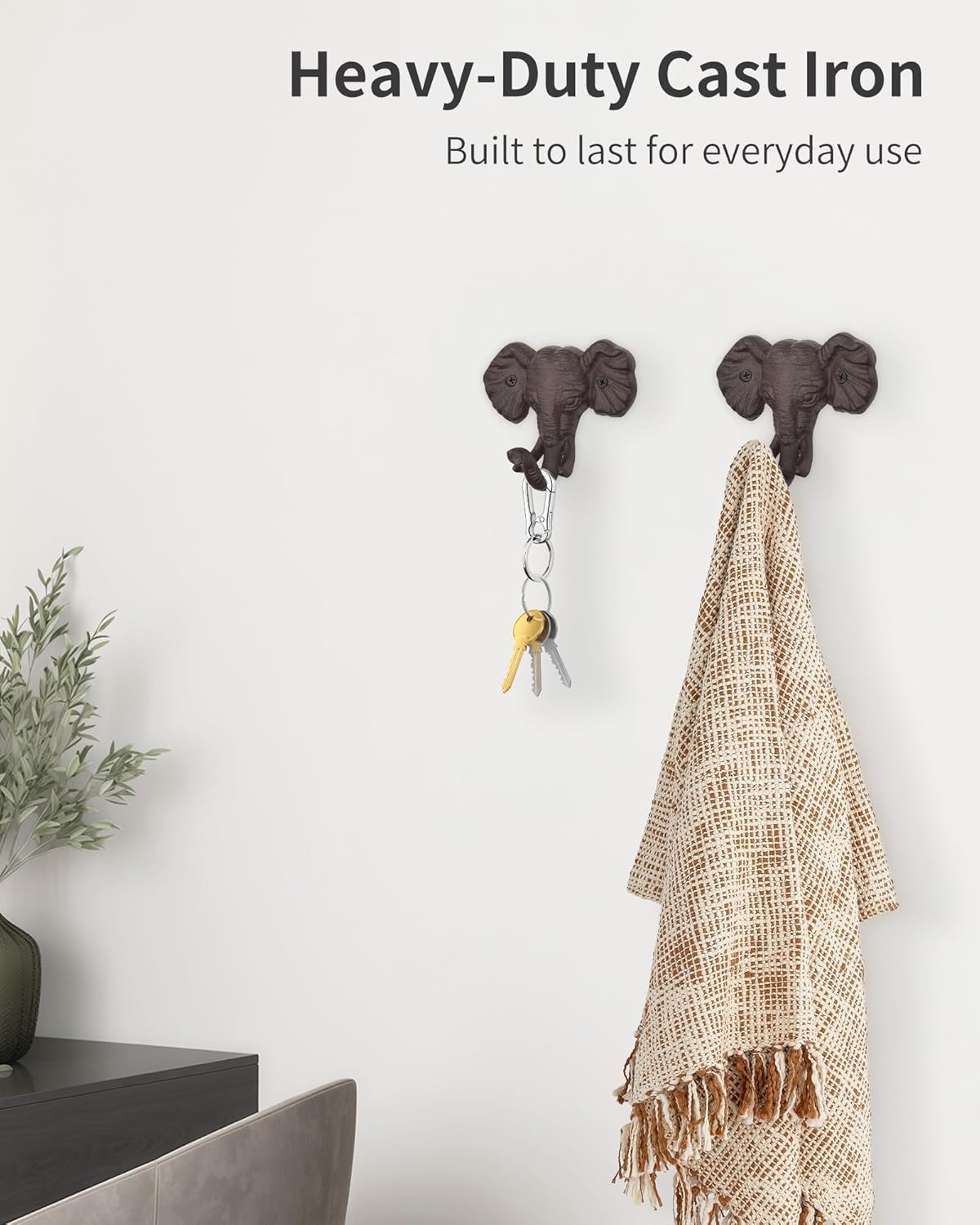 Decorative Elephant Head Wall Hooks Cast Iron - Heavy Duty Coat Hooks for Hanging Key Bag Leash Towel, Farmhouse Vintage Rustic Wall Mount Hanger Shabby Chic Animal Decor 2 Pack - Image 5