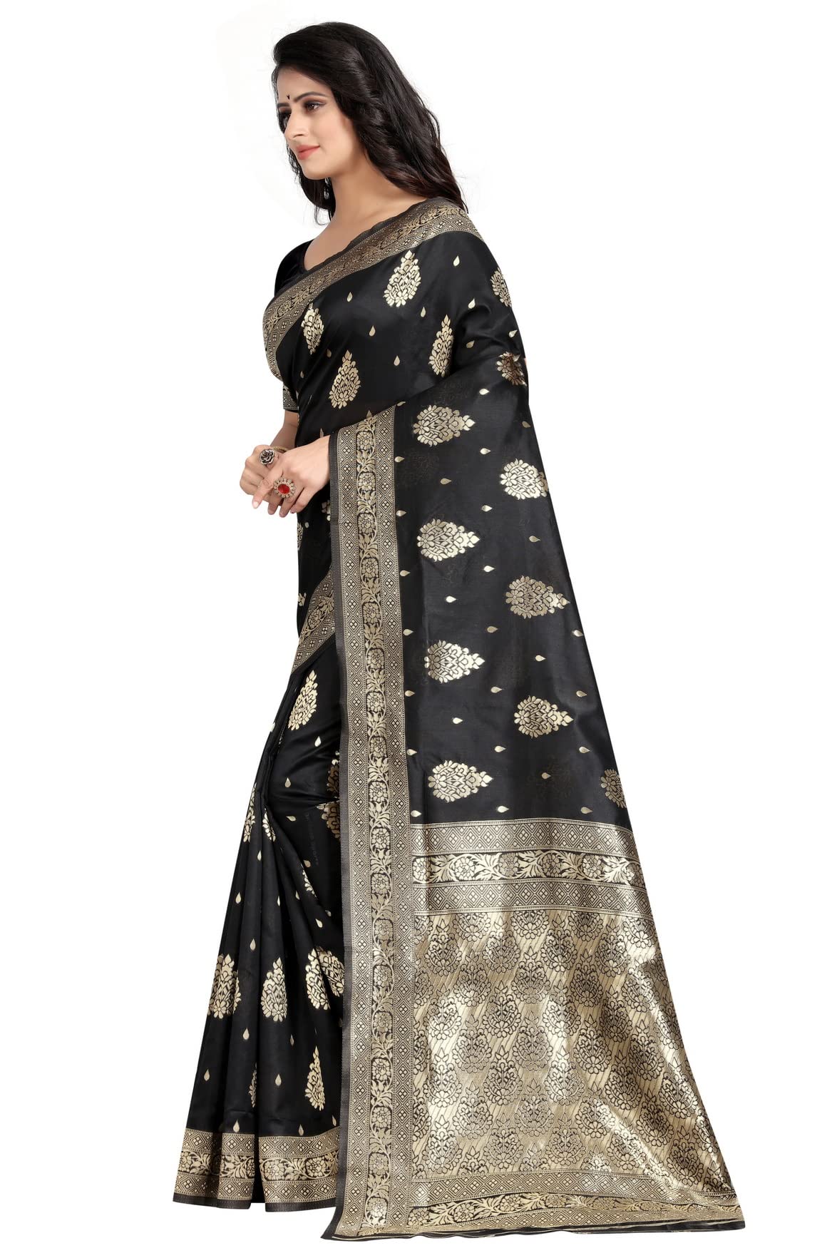 Shasmi Sarees Women's Art Silk Black Kanchipuram Saree (San Engle 3 Black)