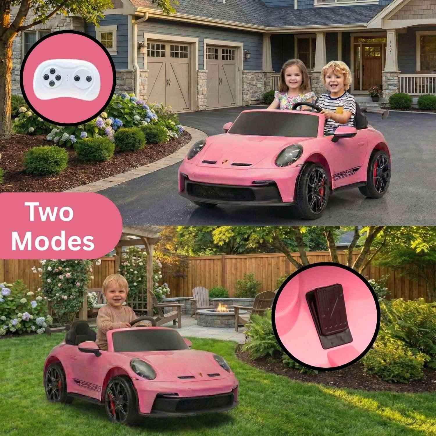 Elektrisches Kinderauto Porsche 911 24V mit 4x4-Antrieb, rosa, Zwei Sitze, 2,4-GHz-Fernbedienung, USB/AUX-Eingang, 200W-Motoren, Federung, Lithium-Batterie, LED-Leuchten vorne und hinten
