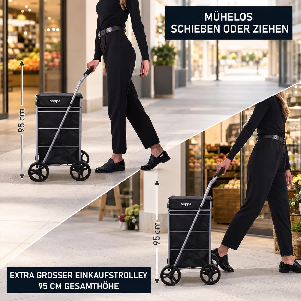 Hoppa Leichtgewichtiger 4-Rädiger Premium 2024 Modell Faltbarer Einkaufswagen Extra Große 64l Kapazität Einkaufswagentasche, 95cm, 4.8kg, Schieb/Zieh Treppensteiger (Schwarz)