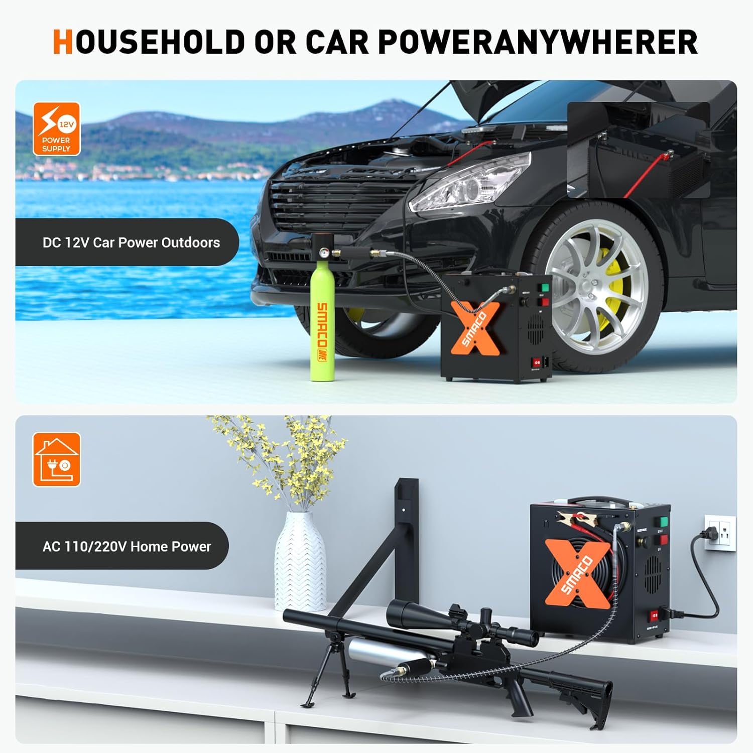 SMACO PCP Air Compressor powered by a 12V car battery outdoors and by 110V/220V AC home power indoors.