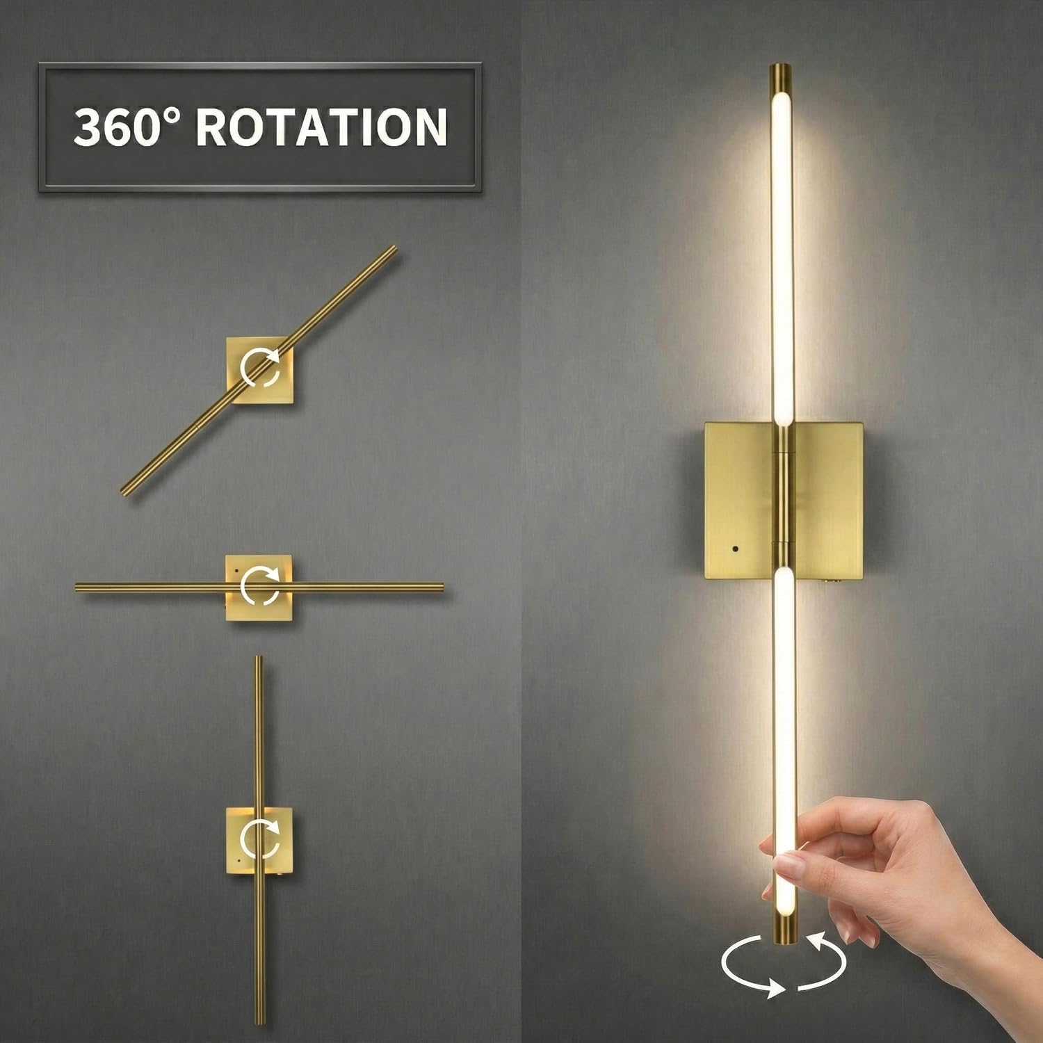 Battery Operated wall Sconce Set of 2 Rechargeable Wireless Cordless 12000ma 360° Rotation Large wall Lights lamp for Living Room Modern Decor Linear Long Metal Gold 28"