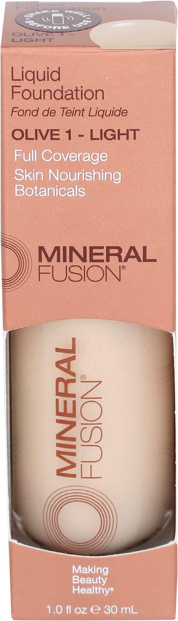 Mineral Fusion Full Coverage Foundation, Liquid Foundation - Olive 1- Light Complexion w/Olive/Green Undertones, Lightweight Matte Finish, Up to 12 Hr Hydration, Hypoallergenic & Vegan, 1 fl. oz