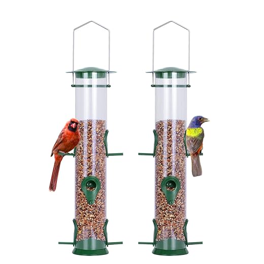 Urban Deco Bird Feeders Hanging Plastic Tube Bird Seed Feeder With 6 Ports Niger Seed Bird Feeder With Steel Hanger Weatherproof Fat Ball Bird Feeder Bird Feeder For Small Birds - Red - 1 Pack