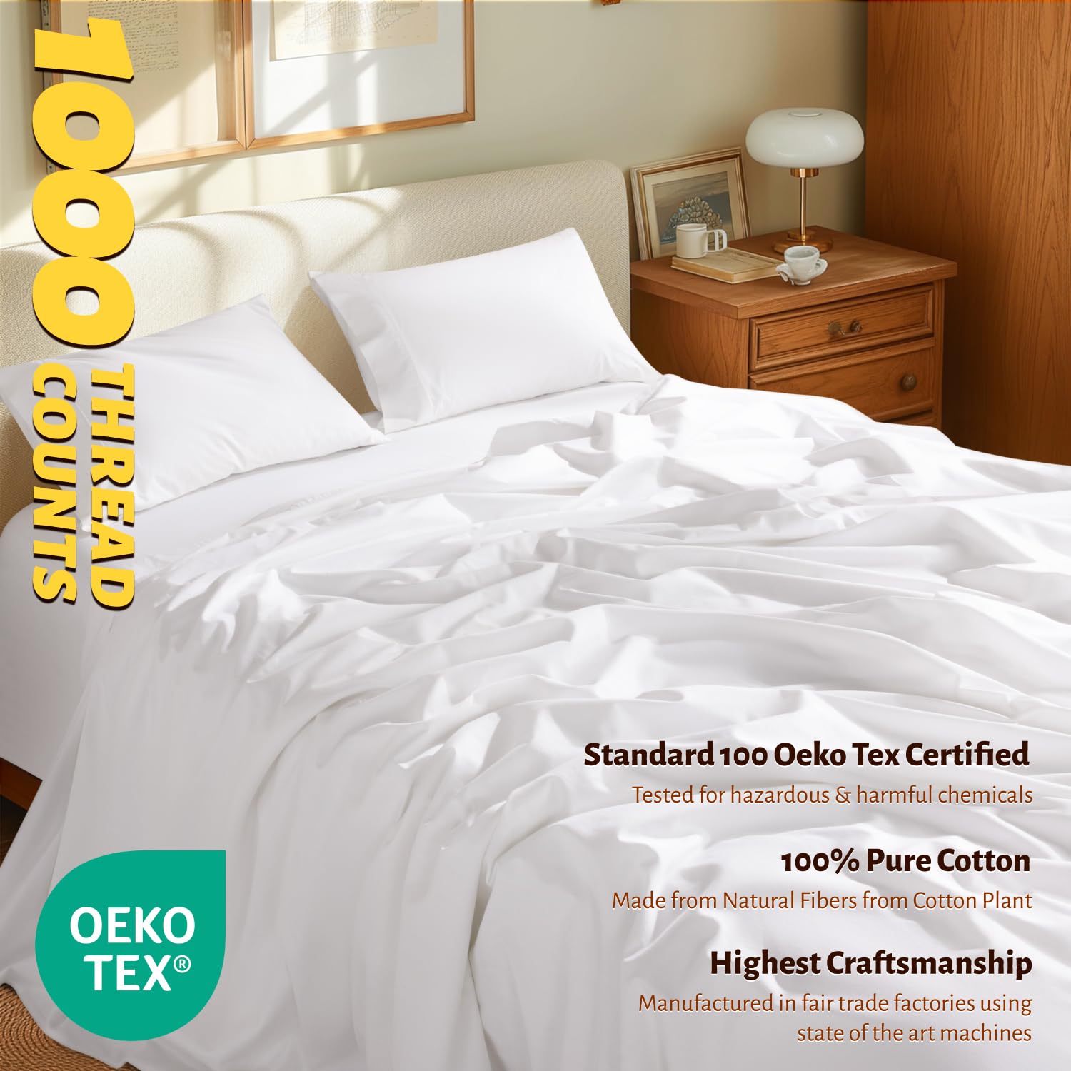 Shilucheng 100% Cotton Sheets, 4 Pieces Sheet Set, Breathable Cooling Bed Sheets with Deep Pocket Up to 16", Bedding Sheets & Pillowcases (King,White) — view 2
