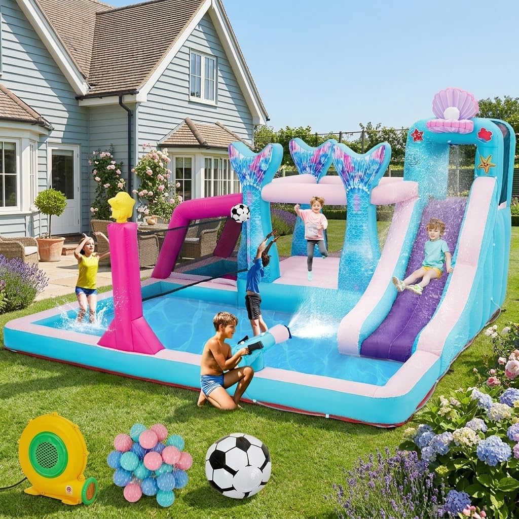 YOLENY Mermaid 12X12ft Inflatable Water Slide, 7-in-1 Outdoor Bounce House for Kids Aged 3-10 with Water cannon, Climbing Wall, Dual Splash Pools, Trampoline, Volleyball Net, Storage Bag & 480W Blower