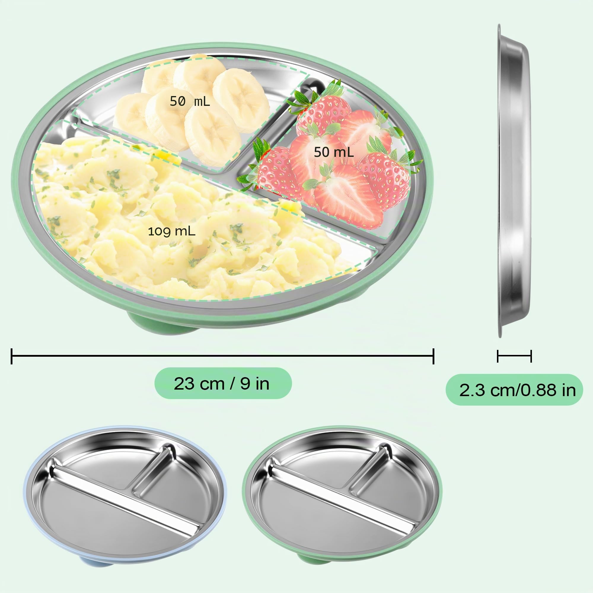 2 Pezzi Piatto Svezzamento Ventosa, Piatto con Ventosa per Bambini, Senza BPA, Piatti Svezzamento con Telaio Rimovibile, Piatto Ventosa Svezzamento, Piatti Acciaio Inox Bambini