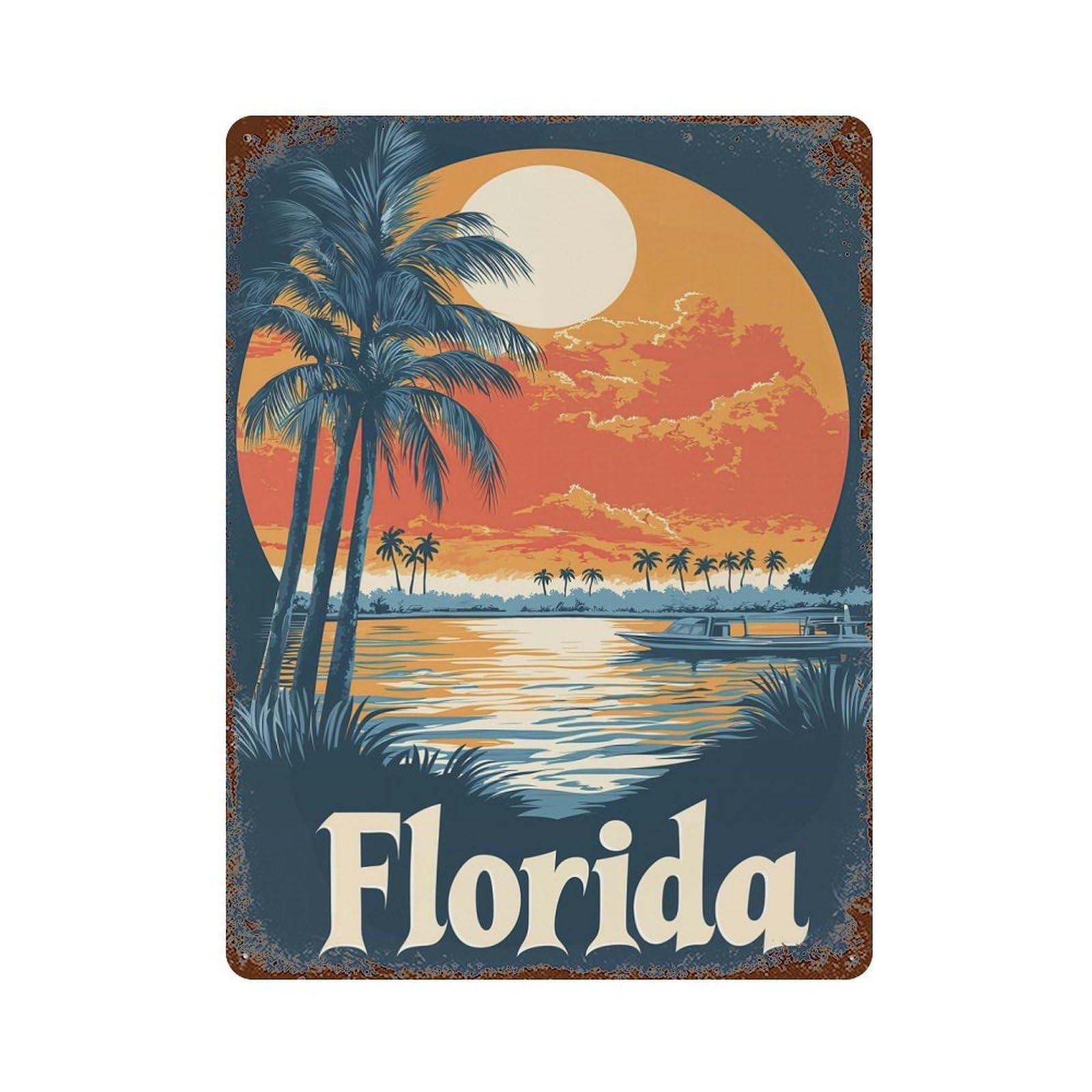 Decorative Tin Sign Florida Sunset Landscape 15.7"x11.8", Vintage Wall Decor for Pub, Kitchen And Man Cave Decor