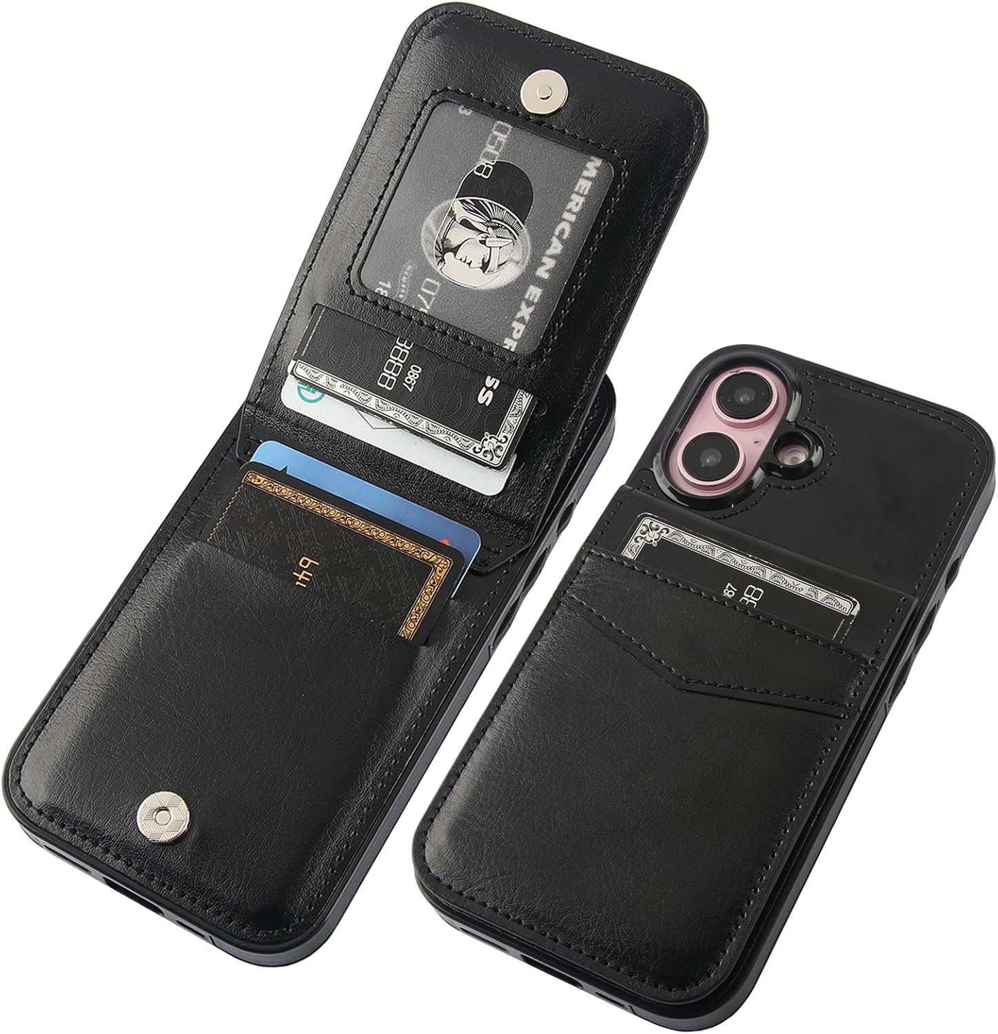 KIHUWEY Compatible with iPhone 16 Case Wallet with Credit Card Holder, Flip Premium Leather Magnetic Clasp Kickstand Heavy Duty Protective Cover for iPhone 16 6.1 Inch (Black)