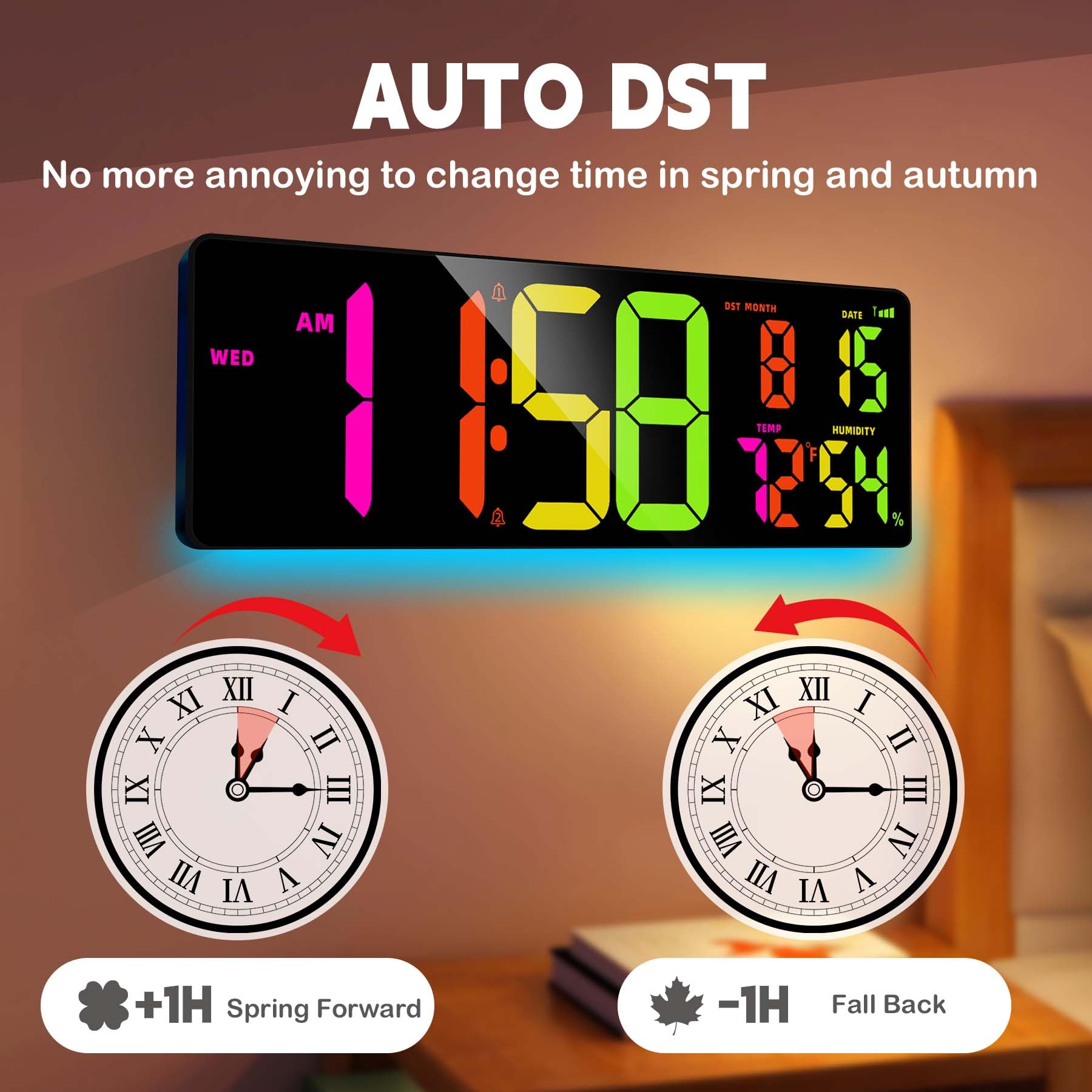 Orologio da parete digitale da 41,9 cm, sincronizzazione Bluetooth, timer per conto alla rovescia, doppio allarme, grande LED RGB, DST automatico, orologio digitale per soggiorno, classe, scrivania