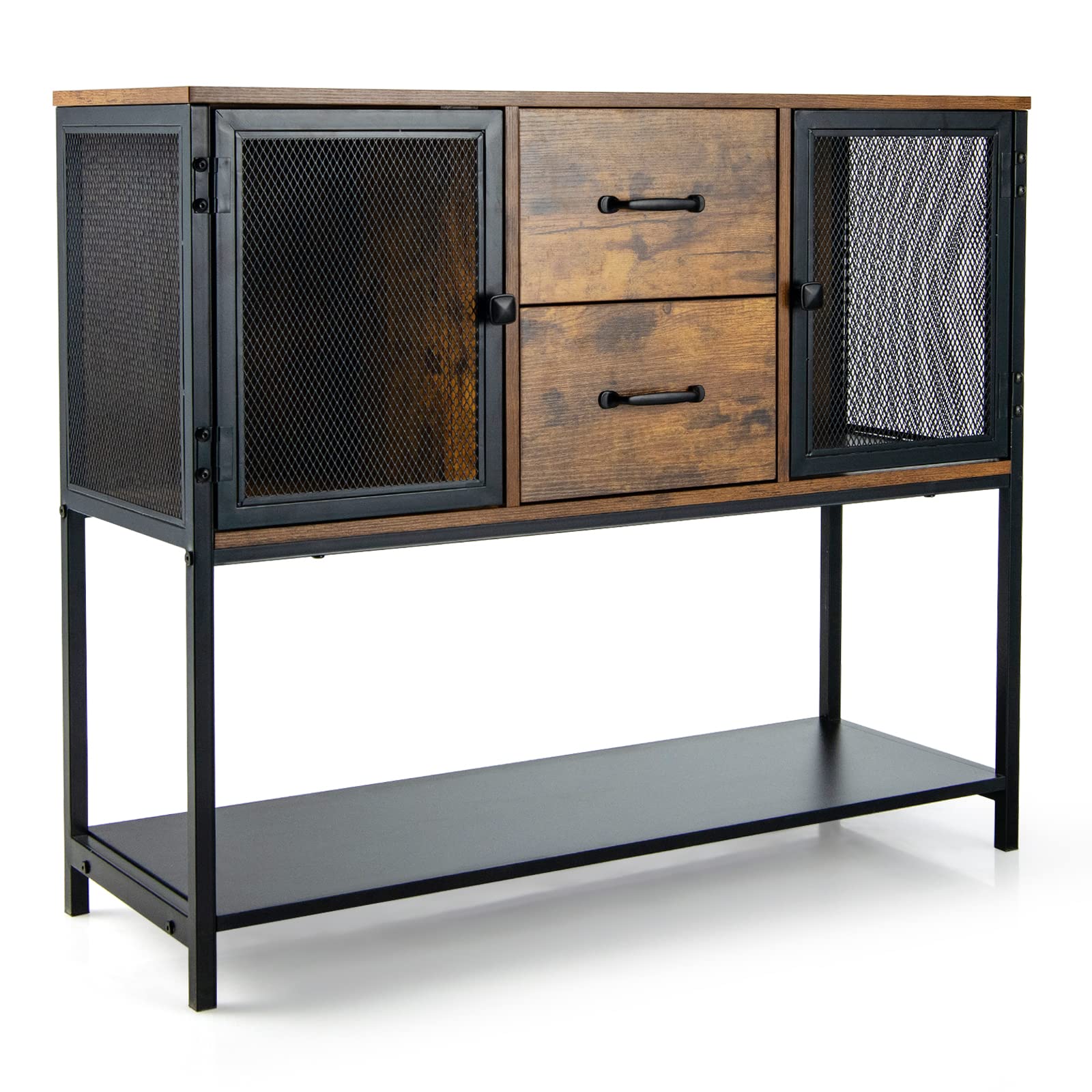 GOPLUS Aparador Industrial, Armario auxiliar multifuncional con armarios y cajones y estante inferior, mesa consola para salón, dormitorio, cocina, comedor, marrón+negro