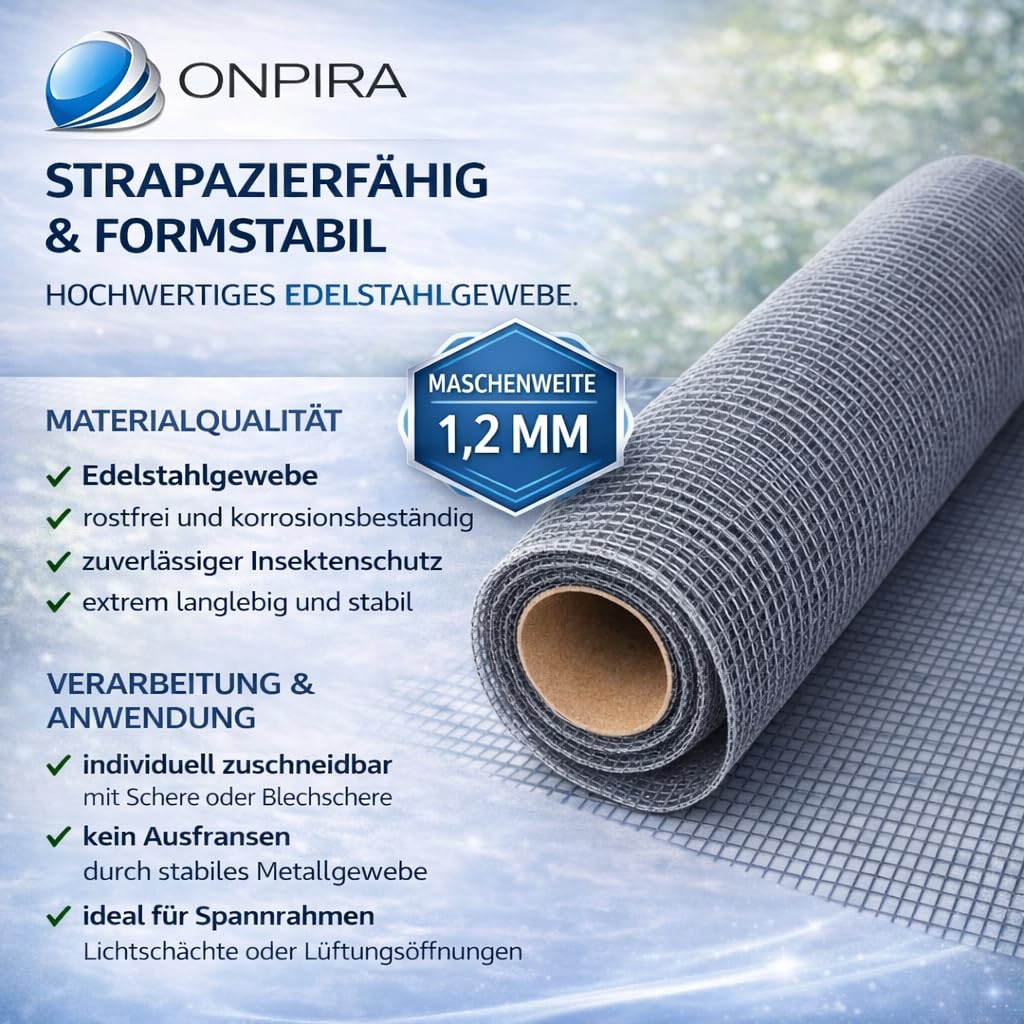 ONPIRA® Fliegennetz Meterware Edelstahl oder Aluminium Rostfrei & Katzensicher – Insektenschutz für Fenster & Türen in Silber oder Schwarz, Zuschneidbar & wetterfest (Edelstahl, 100cm x 2m)