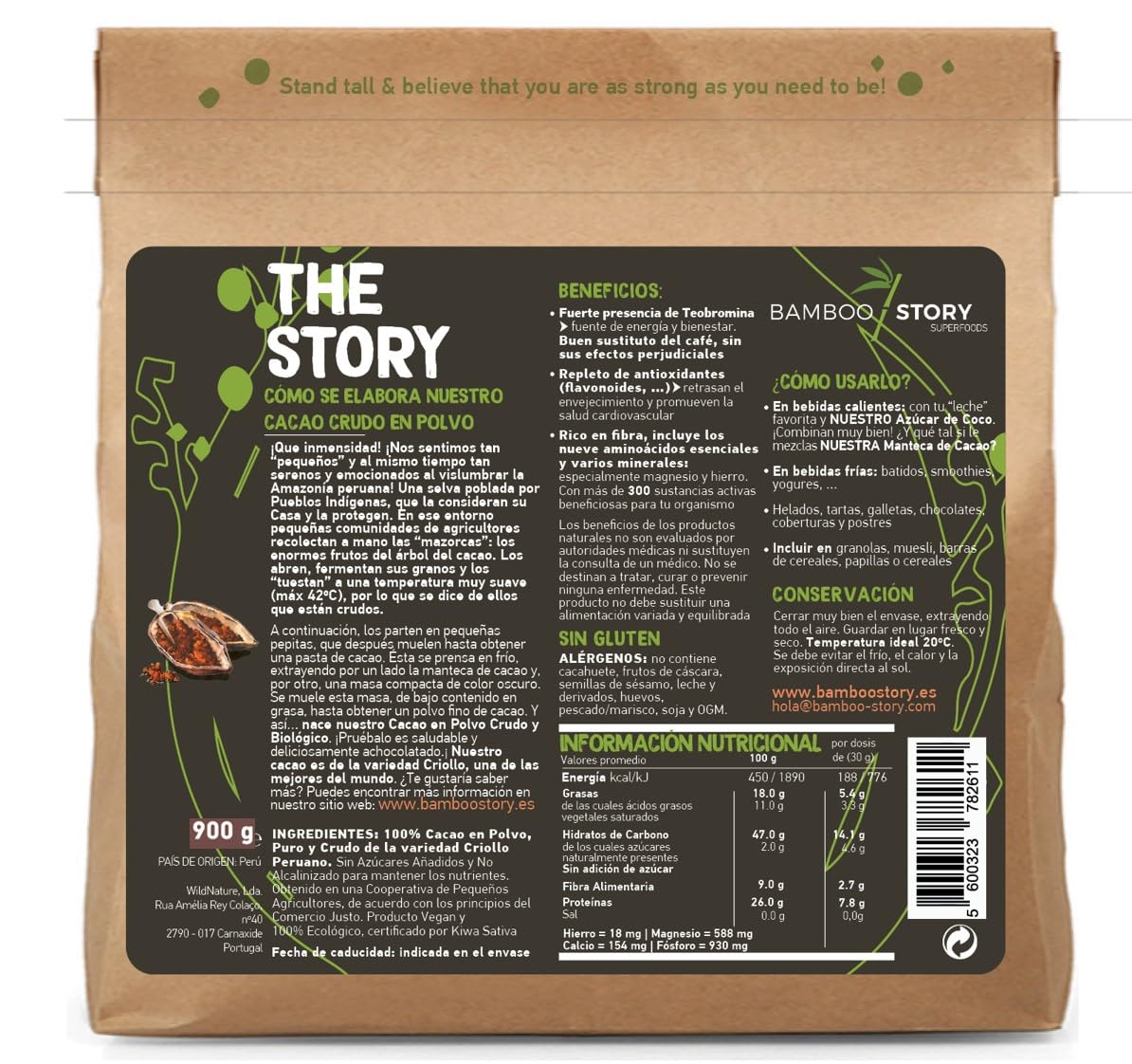 100% CRUDO | NEW | Cacao Polvo | BAMBOO STORY | Ecológico | 100% Peru | Criollo Premium | Great Taste Award | No Alcalinizado | 900g | Puro | Sin Azúcar | Grasa 18%