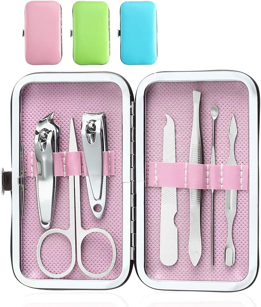 3 Pack 7Pcs Manicure Set,Cute and Surprisingly Sturdy Stainless Steel Nail Clipper Set with case, Great Gifts Personal Pedicure Kit for Women Men Girls Travel, Pink Blue Green