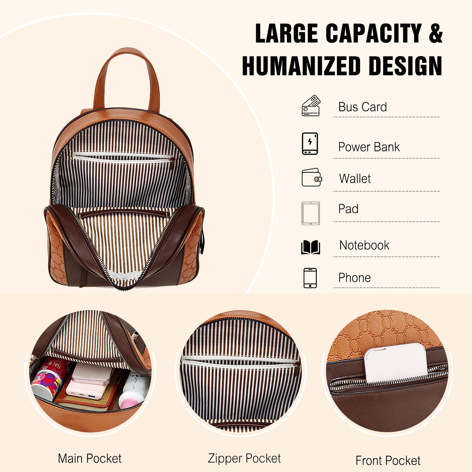 FANDARE 3 Piezas Bolsos Mochila para Mujer Mochilas con Bolsa para las axilas Muñeca Bolso de mano Bandolera Cartera de cuero PU impermeable Bolso de Hombro Bandolera escolar para trabajo viajes
