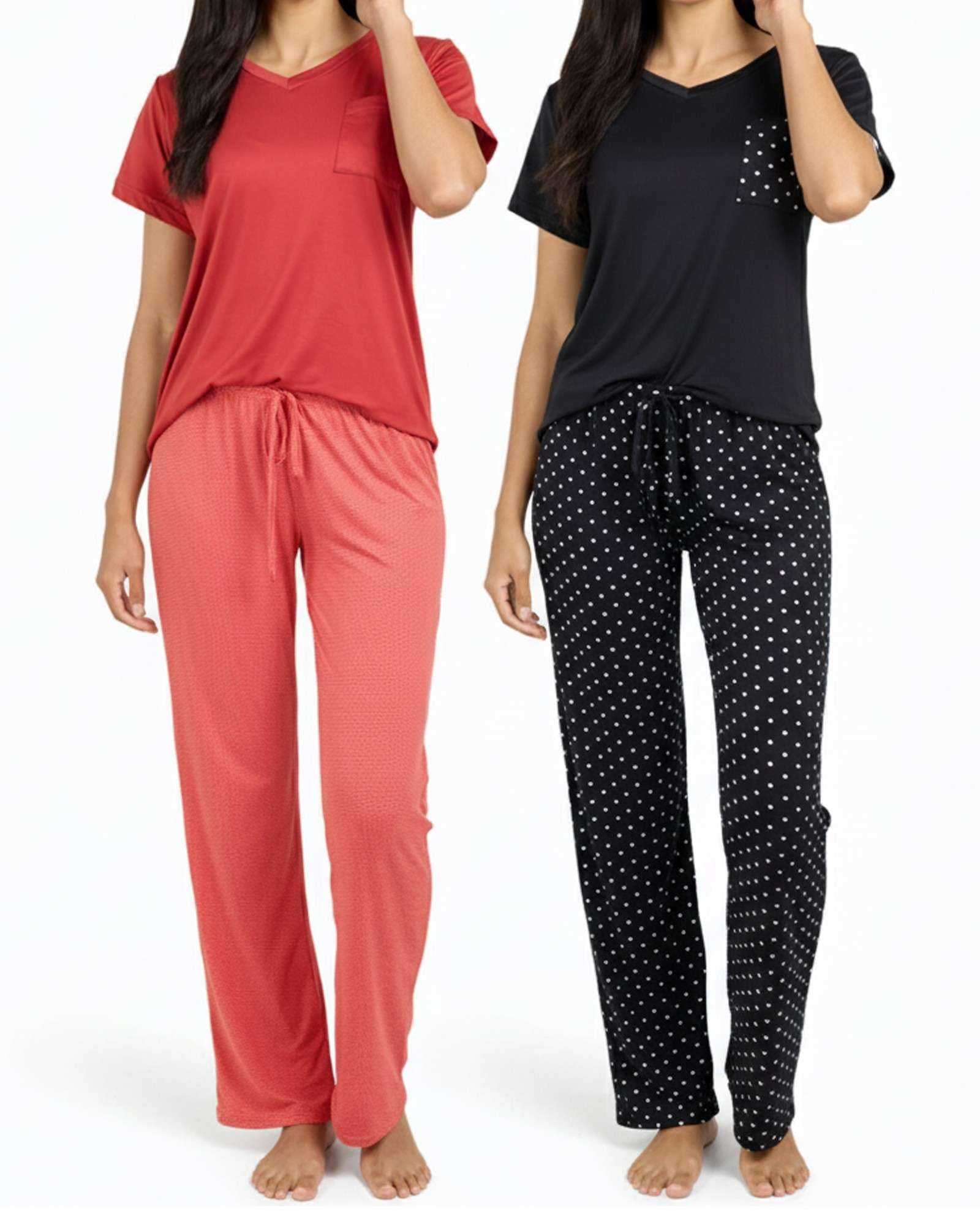 Real Essentials 2 Pack: Women's Comfy Pajama Sets - Short & Long Sleeve Ladies Loungewear Sleepwear PJs (Available In Plus)