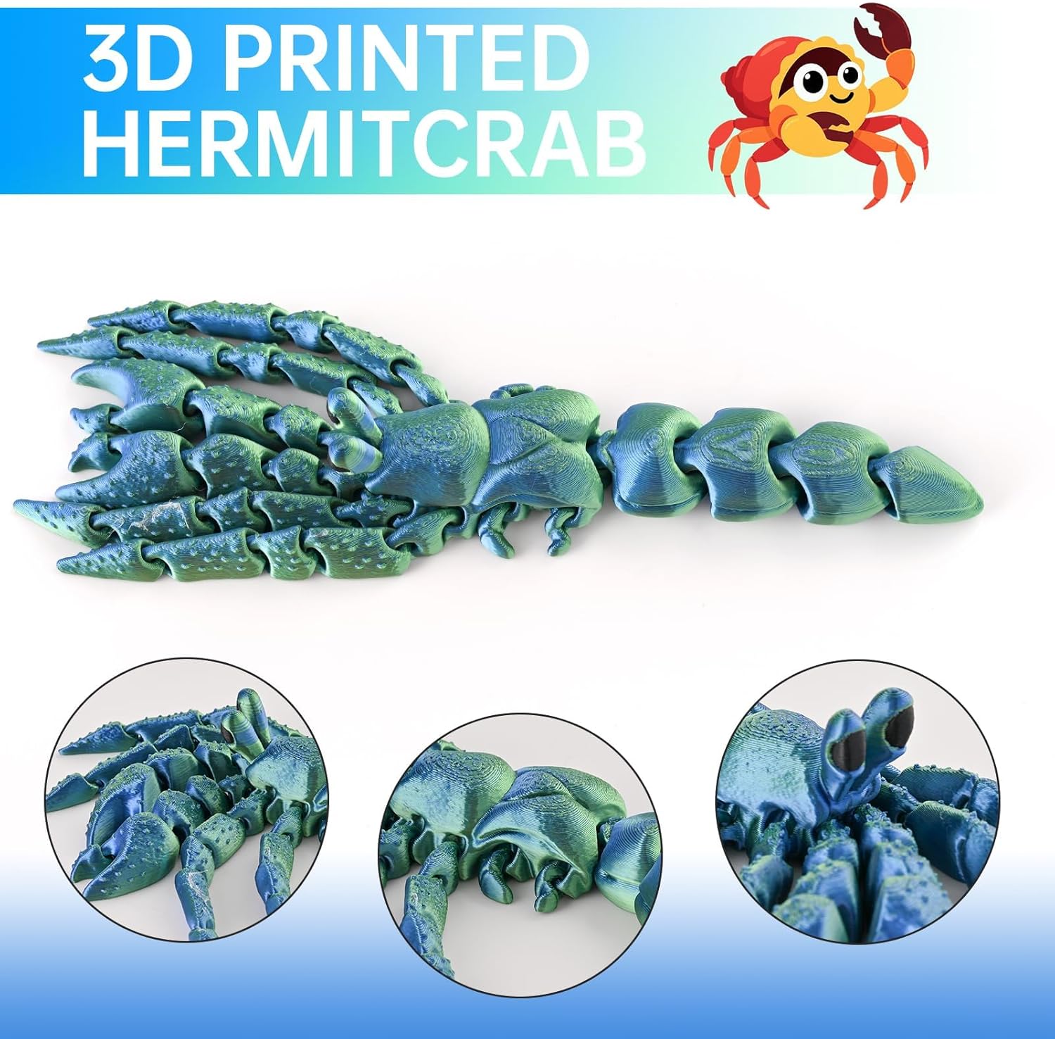 GemmiCho 3D Printed Animals, 7.8" 3D Printed Hermit Crab with Shell, 3D Printed Toys for Stress Relief, Animals Figurines Fidget Crab Toy for Boys Kids Teen 5-7 4-6 8-12 (Green)
