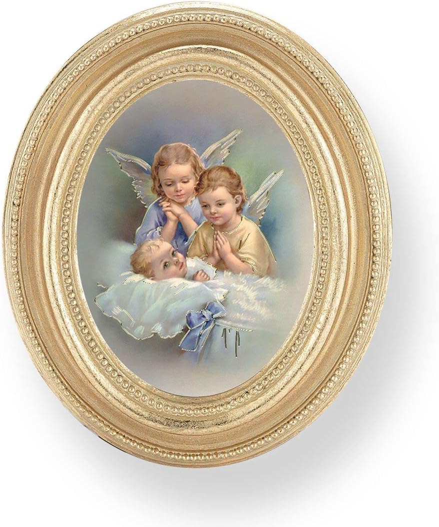 Guardian Angels Over Baby in Crib Picture, Gold Finish 3-3/4"x4-1/2 Oval Frame, Exclusive Gold Stamped Print Under Glass