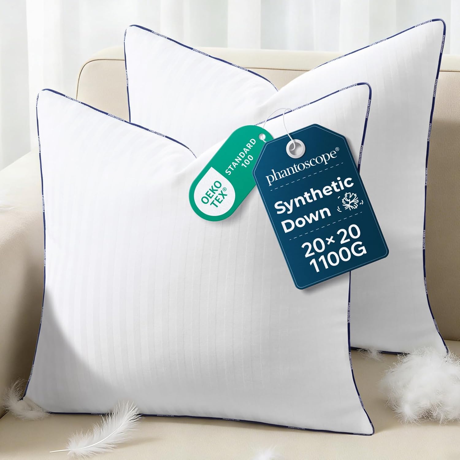 Phantoscope 20x20 Synthetic Down Alternative Pillow Inserts, Handmade Down Pillows Insert Sleeping Throw Pillows with 100% Cotton Cover Decorative Pillow Stuffer for Sofa, Couch Bed(White, Set of 2)
