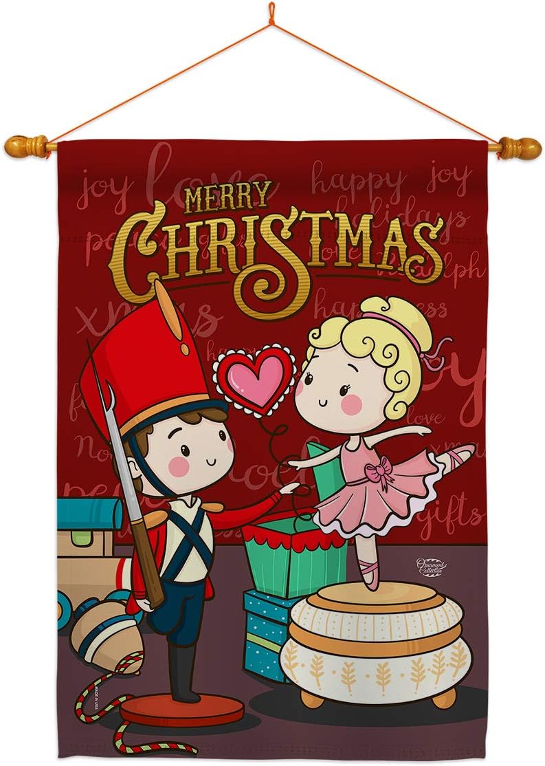 Nutcracker Bellet Doll House Flag Dowel Set Wintertime Christmas Santa Marry Xmas Present Reindeer Season Snow Small Decorative Gift Yard Banner Made In USA 28 X 40