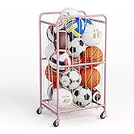 Olldide 43-Inch Large Ball Storage Basket with Wheels, Rolling Cart Sports Equipment Garage Organizer with Elastic Rope for Easy Access, Holder for Basketball, Soccer, Volleyball, Football